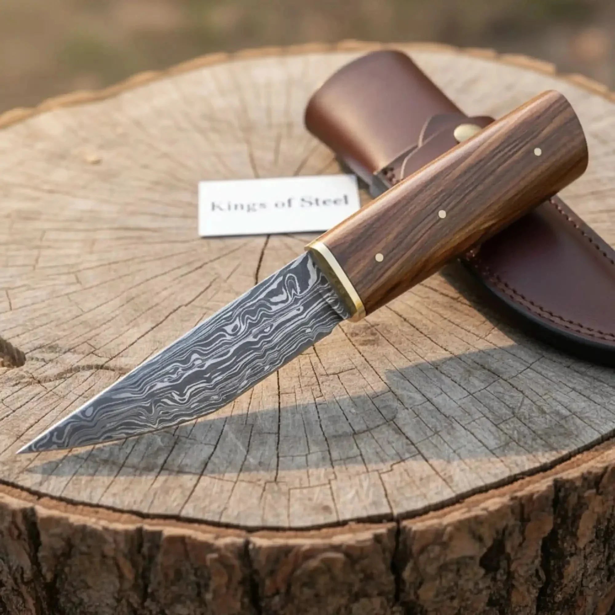 Handmade Viking Seax Knife - Damascus Steel Blade with Wooden Handle &amp; Leather Sheath