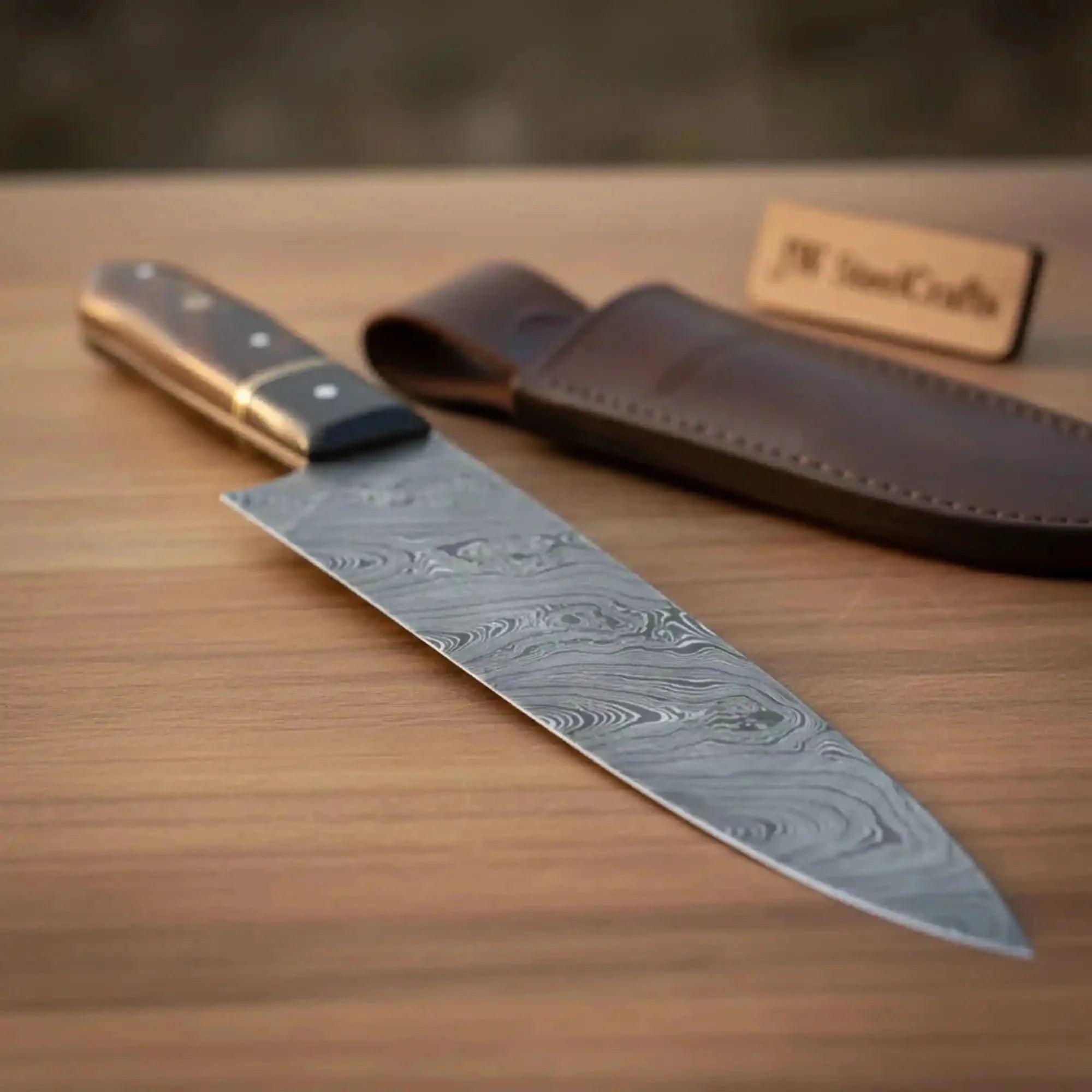 Handmade Damascus Steel Chef Knife - 8-Inch Blade with Leather Sheath &amp; Wooden Handle