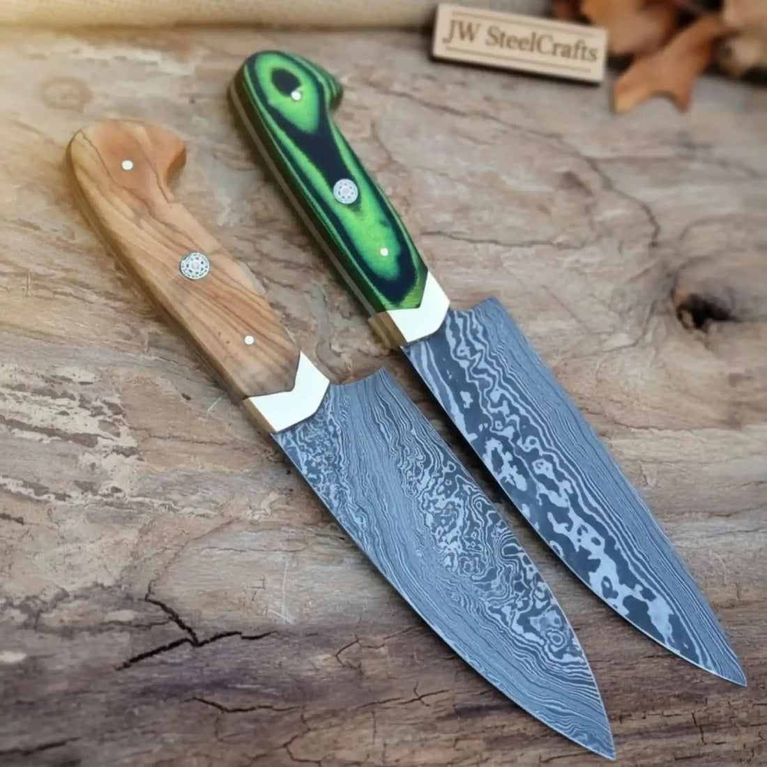 Handmade Damascus Steel Chef Knife Set - 2-Piece with Wooden &amp; Green Resin Handles