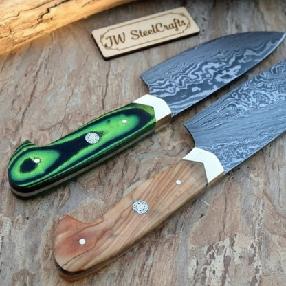 Handmade Damascus Steel Chef Knife Set - 2-Piece with Wooden &amp; Green Resin Handles