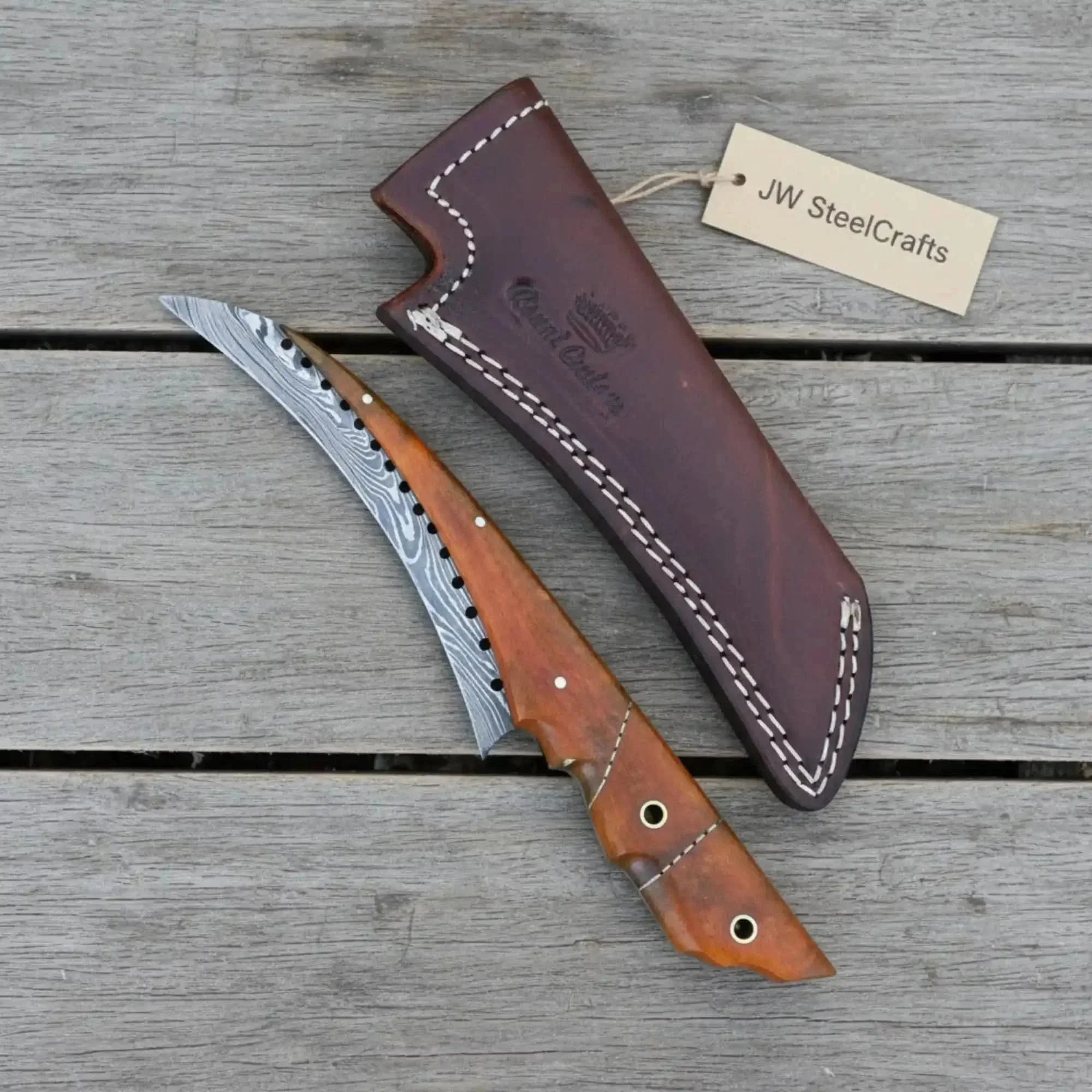 Handmade Damascus Steel Bushcraft Knife with Wooden Handle &amp; Leather Sheath