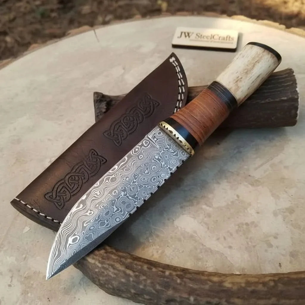 Handmade Damascus Steel Hunting Knife with Leather Sheath &amp; Bone Handle