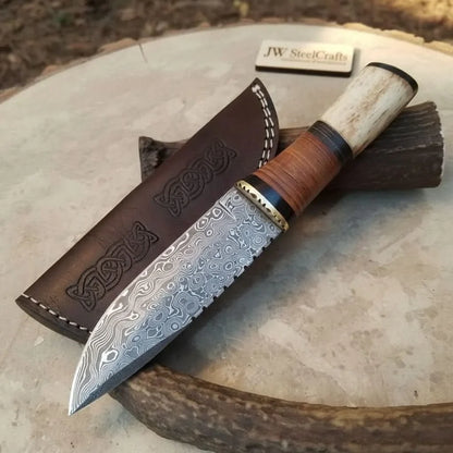 Handmade Damascus Steel Hunting Knife with Leather Sheath &amp; Bone Handle