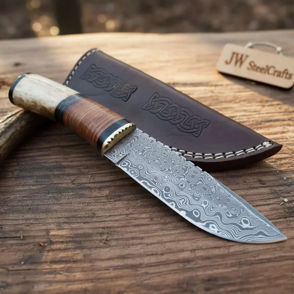 Handmade Damascus Steel Hunting Knife with Leather Sheath &amp; Bone Handle