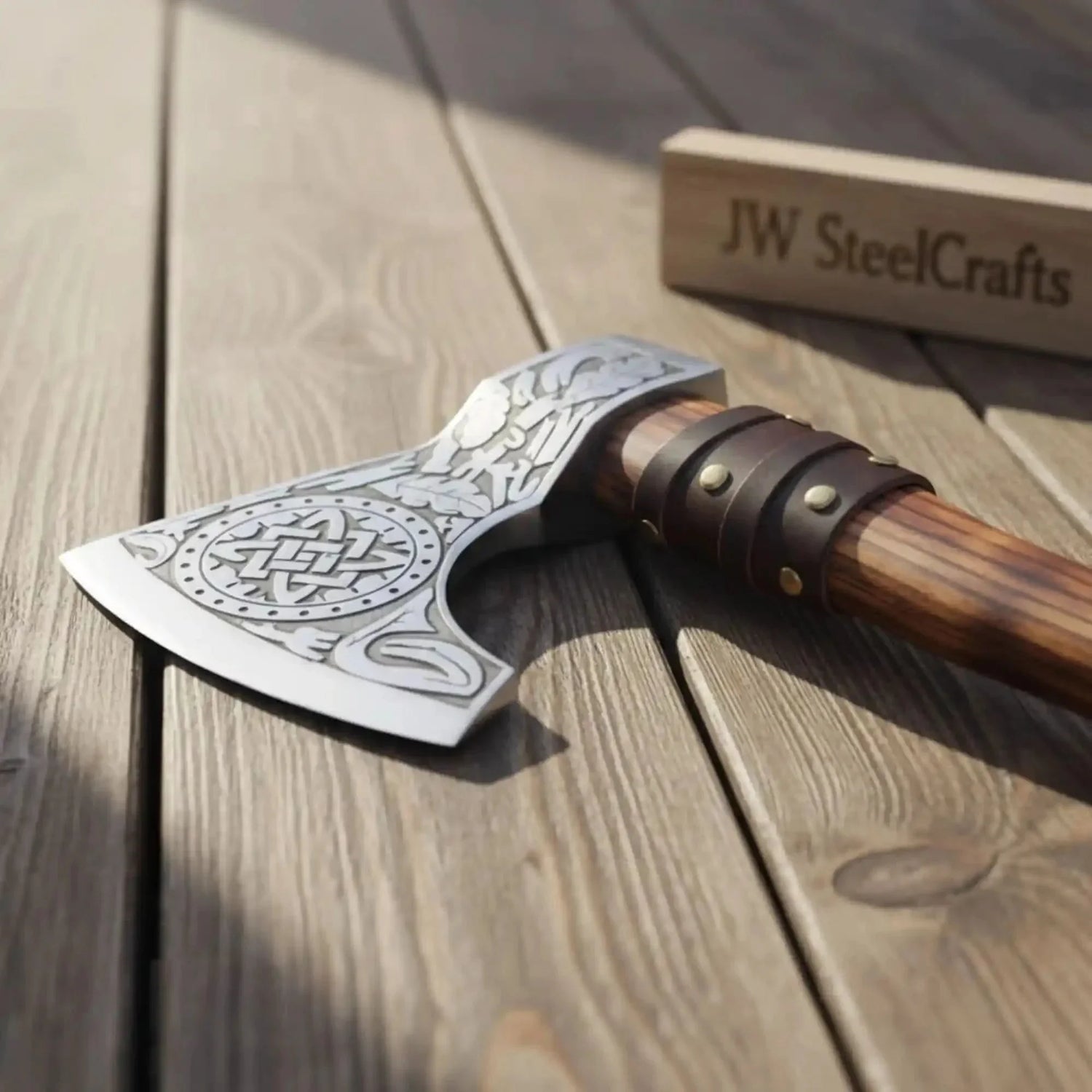 Handcrafted Viking Bearded Axe Engraved Blade Wolf Carved Wooden Handle Functional Sharp Edge