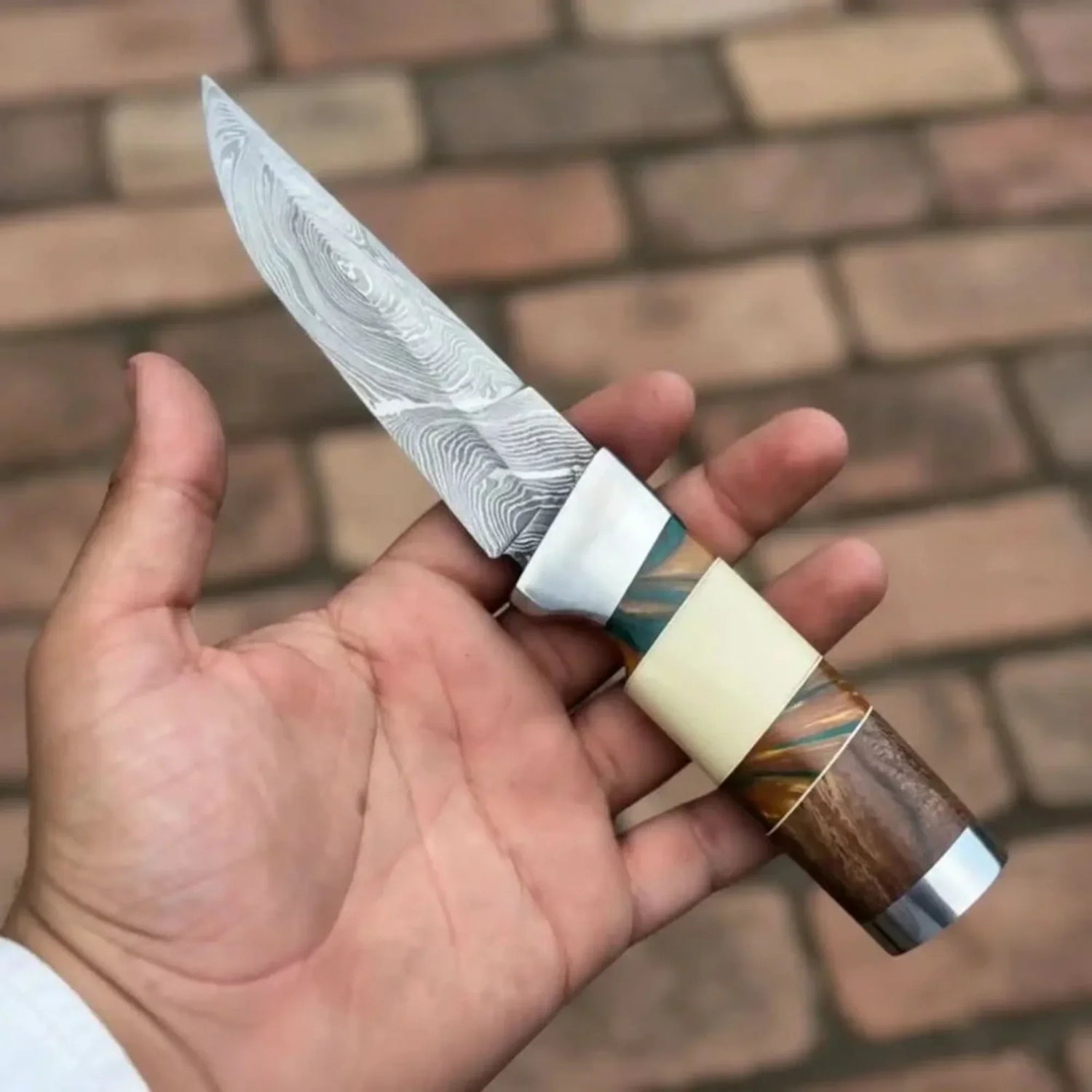 Hunting Knife 4.5” Damascus Steel Straight Back Blade Hybrid Wood Resin Handle Viking-Inspired