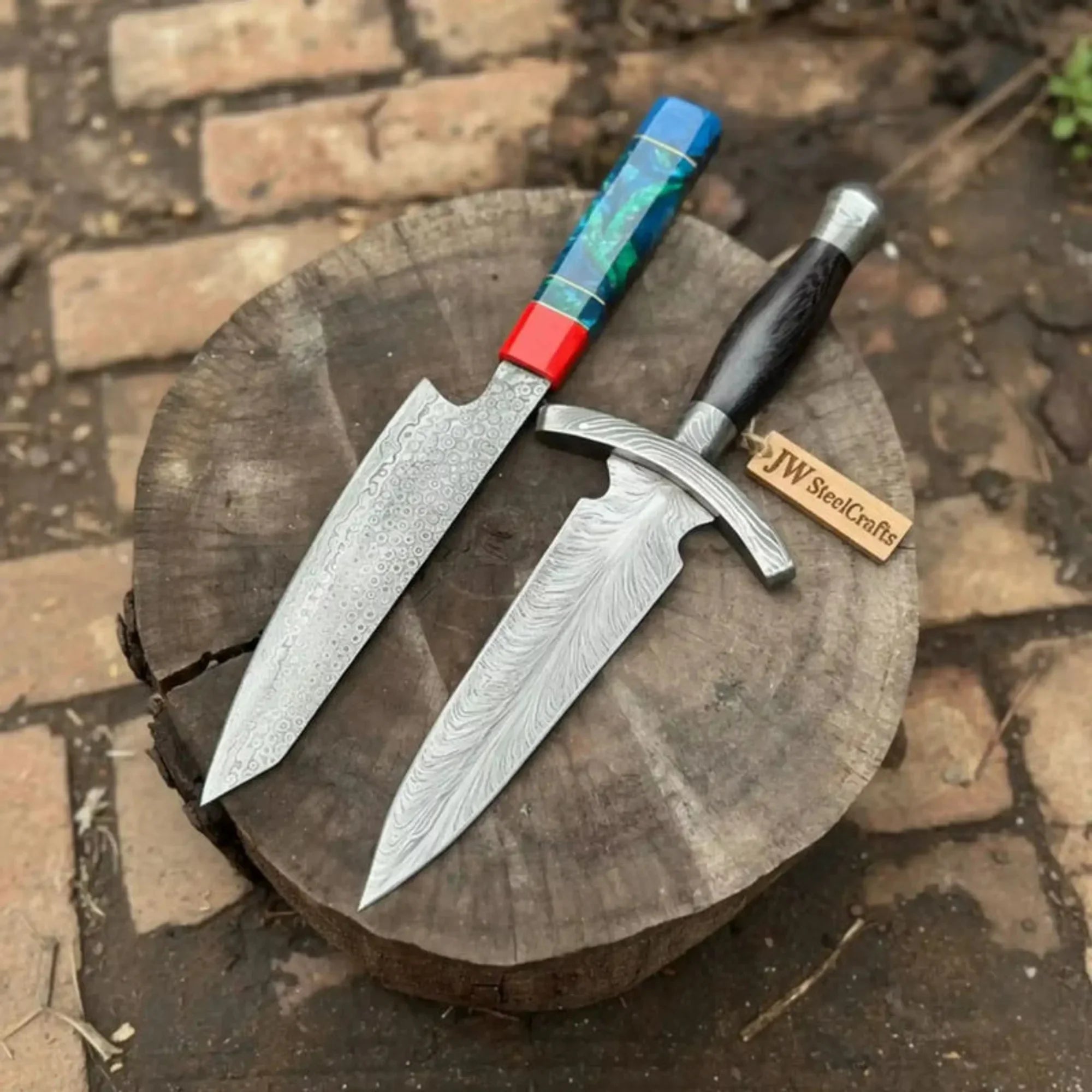 Damascus Kiritsuke &amp; Dagger Knife Set Fixed Blade Resin and Wooden Handle Japanese European Style