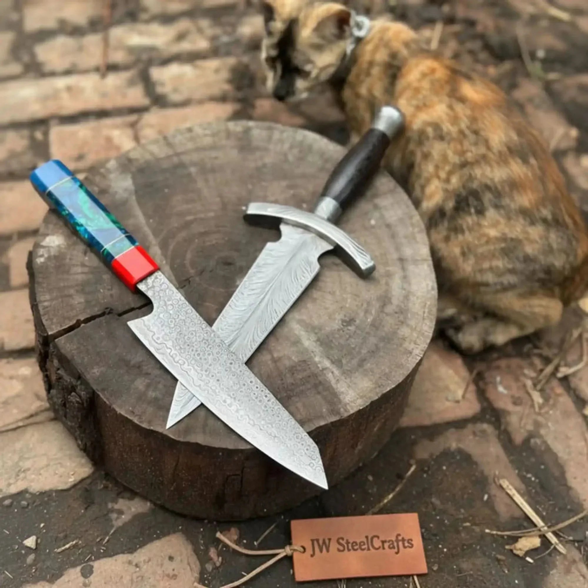 Damascus Kiritsuke &amp; Dagger Knife Set Fixed Blade Resin and Wooden Handle Japanese European Style