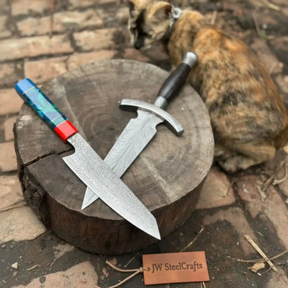 Damascus Kiritsuke &amp; Dagger Knife Set Fixed Blade Resin and Wooden Handle Japanese European Style