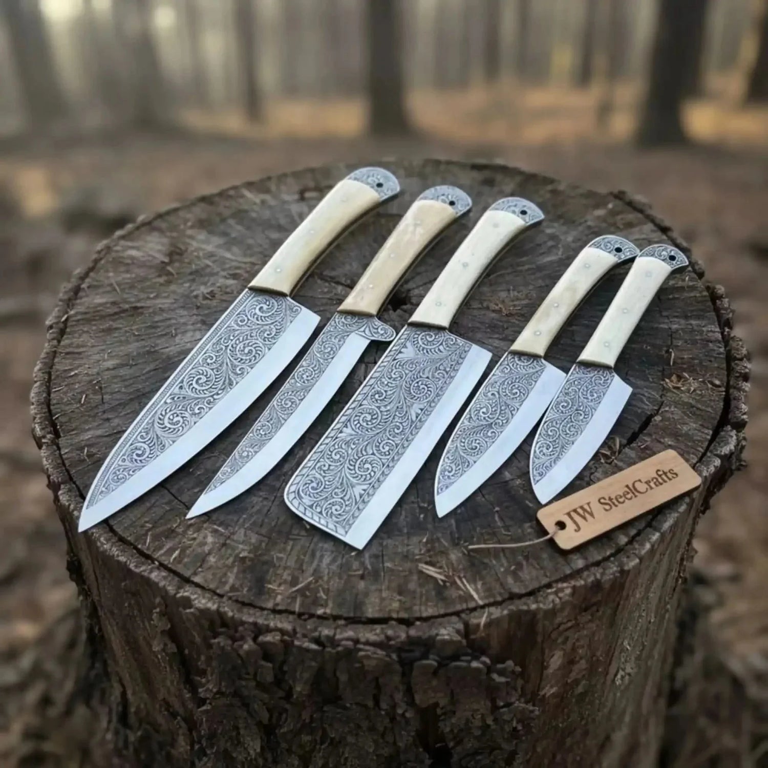 High Carbon Steel Butcher Knife Set – Cleaver, Chef, Slicer, Boning &amp; Utility Knives, Hand Engraved Blades, Bone Handles, Full Tang