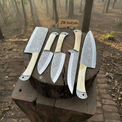 High Carbon Steel Butcher Knife Set – Cleaver, Chef, Slicer, Boning &amp; Utility Knives, Hand Engraved Blades, Bone Handles, Full Tang