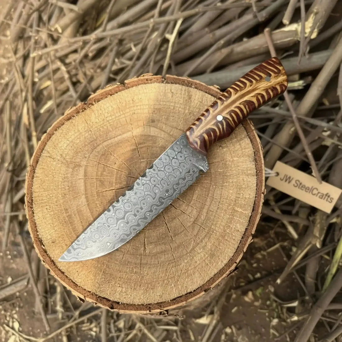 Fixed Blade Knife Damascus Steel Straight Back Blade Red Pine cone Handle
