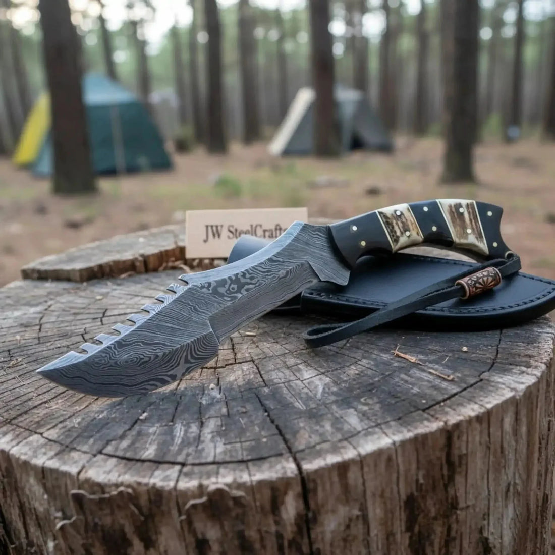Tracker Knife Damascus Steel Multi Edge Blade With Leather Sheath