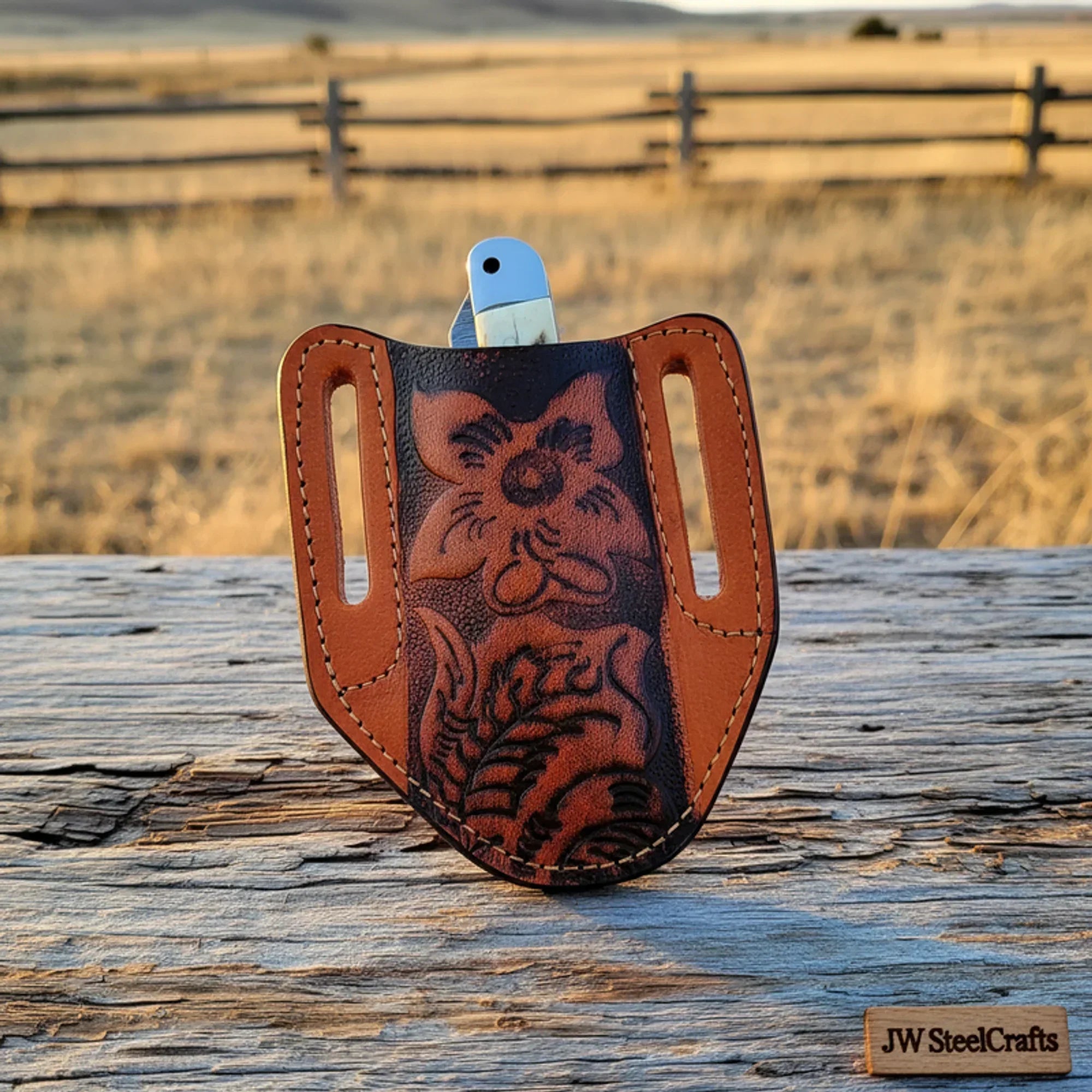 Dual-Blade Stag Slipjoint Folder knife Stag Horn Handle, Steel Bolster, Engraved Sheath