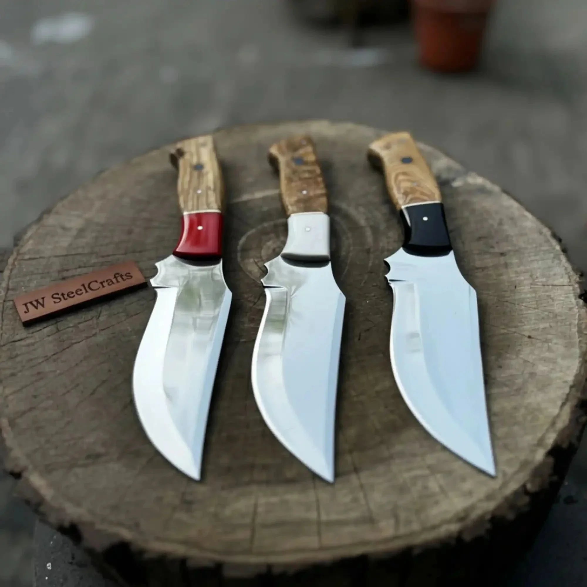 Handmade Recurve Hunting Knife Set of 3-Piece Damascus Blades with Resin &amp; Wood Handles