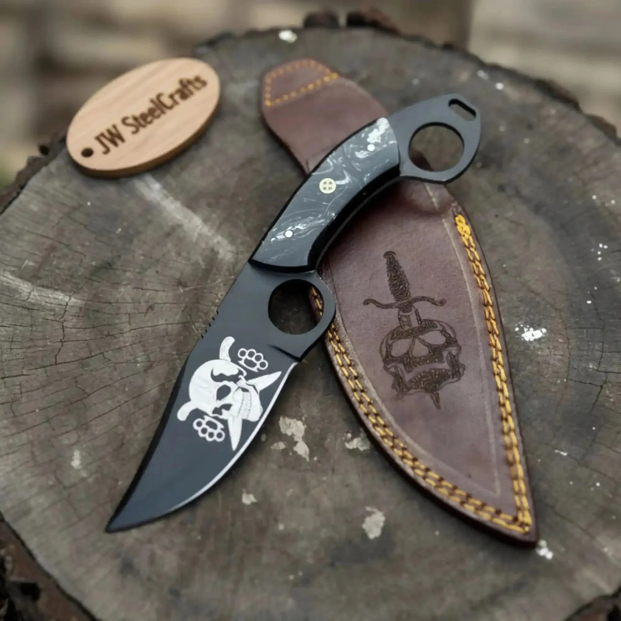 Handmade Compact Utility Ring Knife 8-Inch Skull-Etched Blade with Black Resin Handle