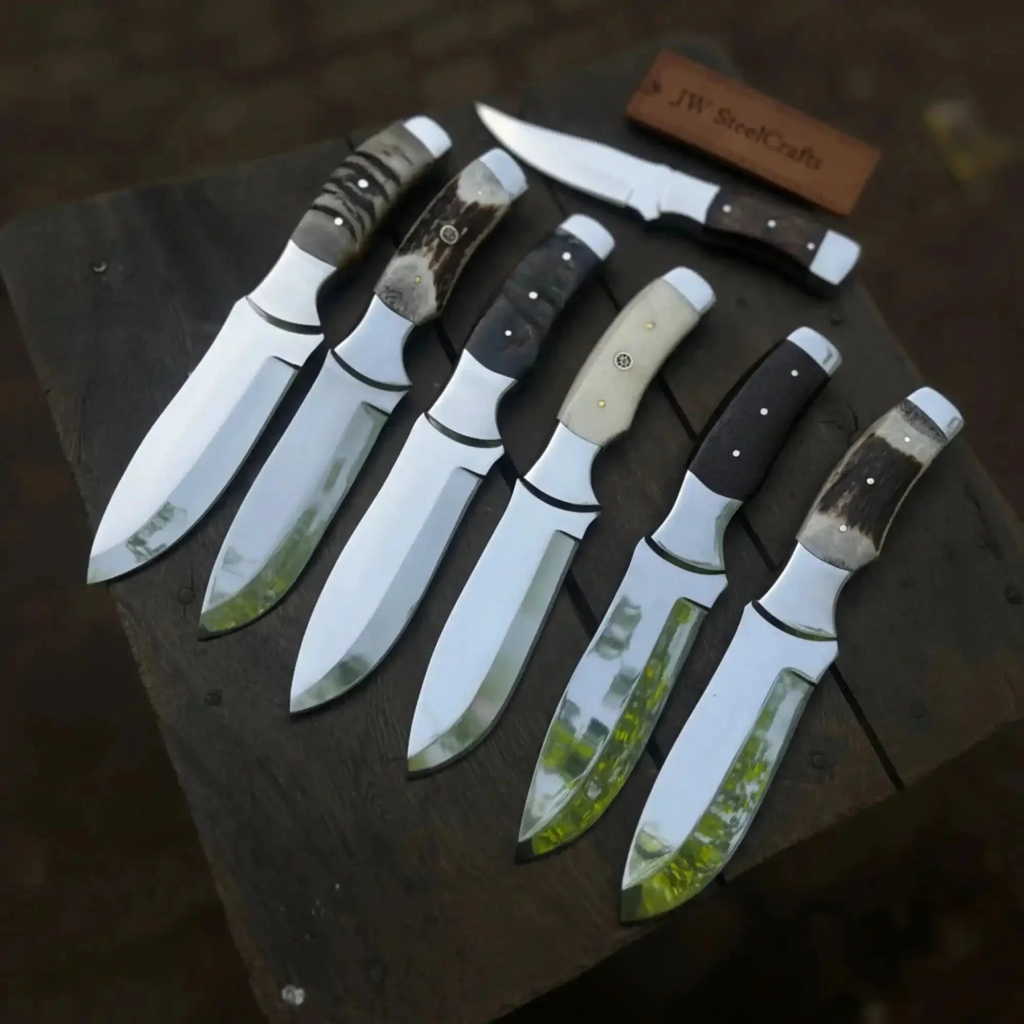 Handmade Bushcraft Knife Set of 7-Piece Full Tang Set with Horn, Bone &amp; Wengi Wood Handles