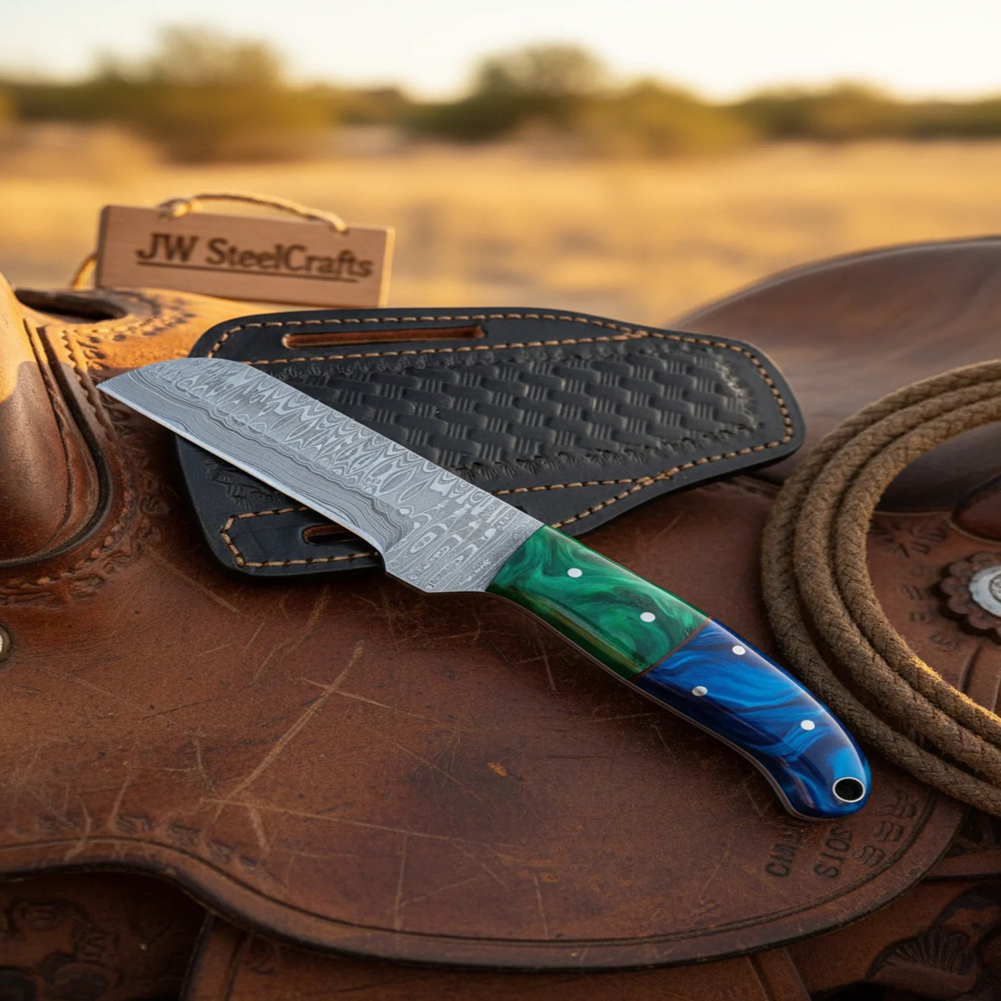 Damascus Straight Edge Cowboy Cleaver Knife 8" Green Blue Resin Handle Full Tang Pancake Sheath