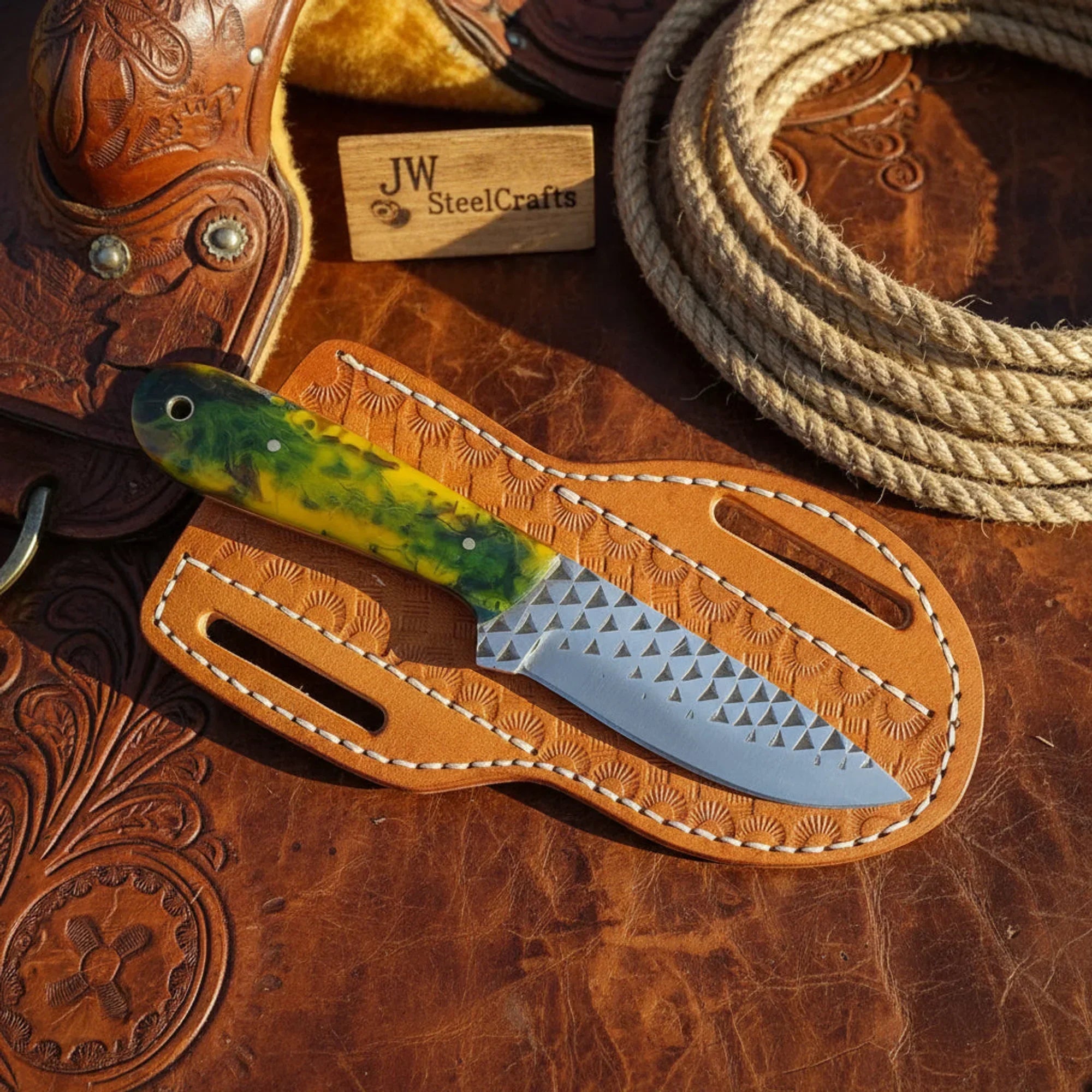 Handmade Rasp Steel Hunting Knife 7" with Resin Hybrid Burl Wood Handle &amp; Leather Sheath