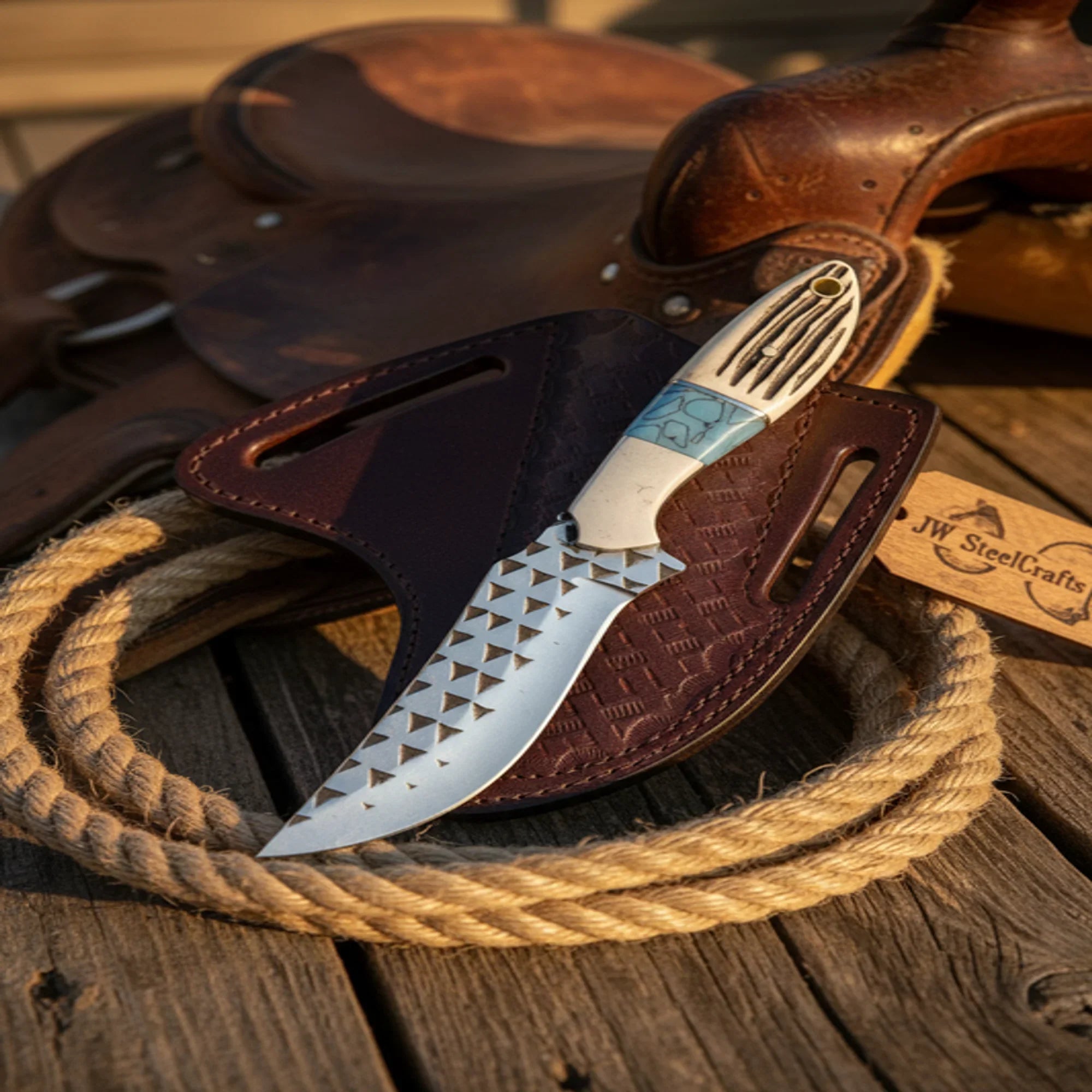 Handmade Rasp Steel Knife 7" Stag Horn Handle, Turquoise Stone, Leather Sheath