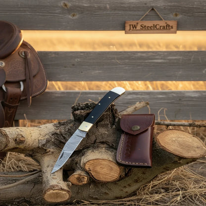 Executive Slipjoint Damascus Folder with Black Resin Handle