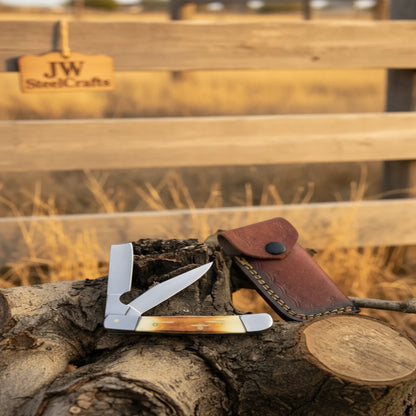 Razor Trapper Knife with Burned Bone Handle and Steel Bolsters