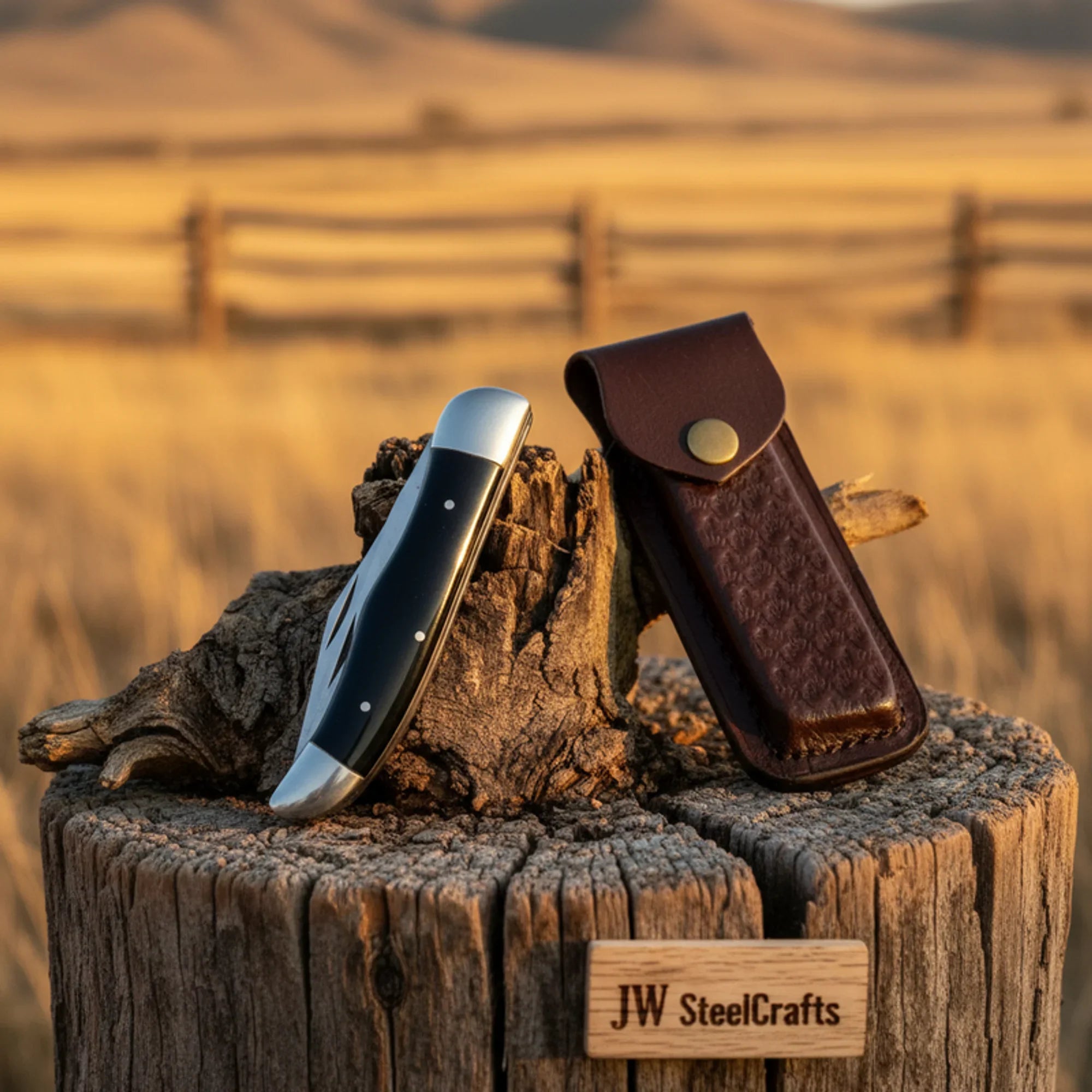 Prairie Pocket Trapper Knife Black Resin Handle Steel Bolster Slip Joint EDC Sheath