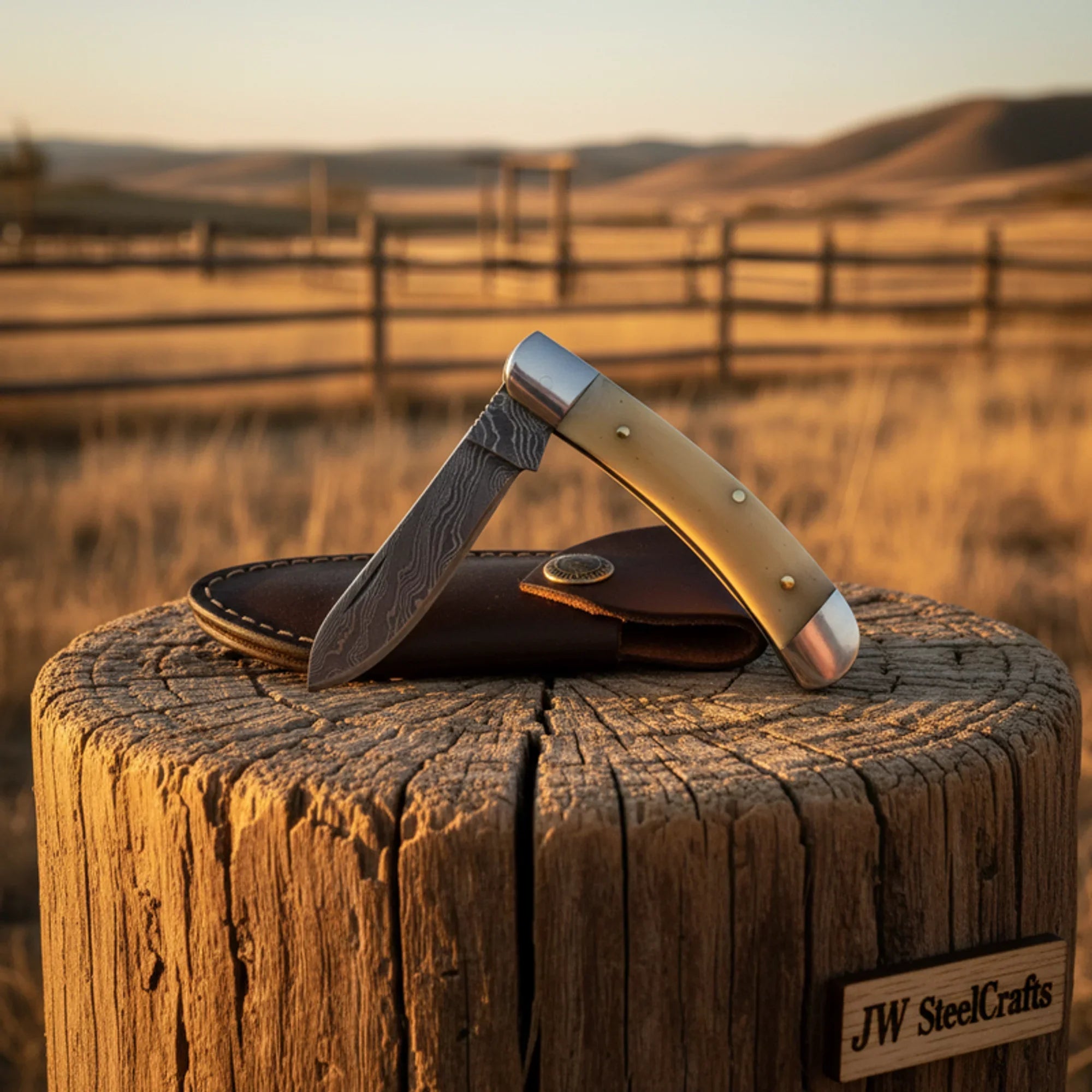 Damascus Serpentine Folding Knife with Camel Bone Handle