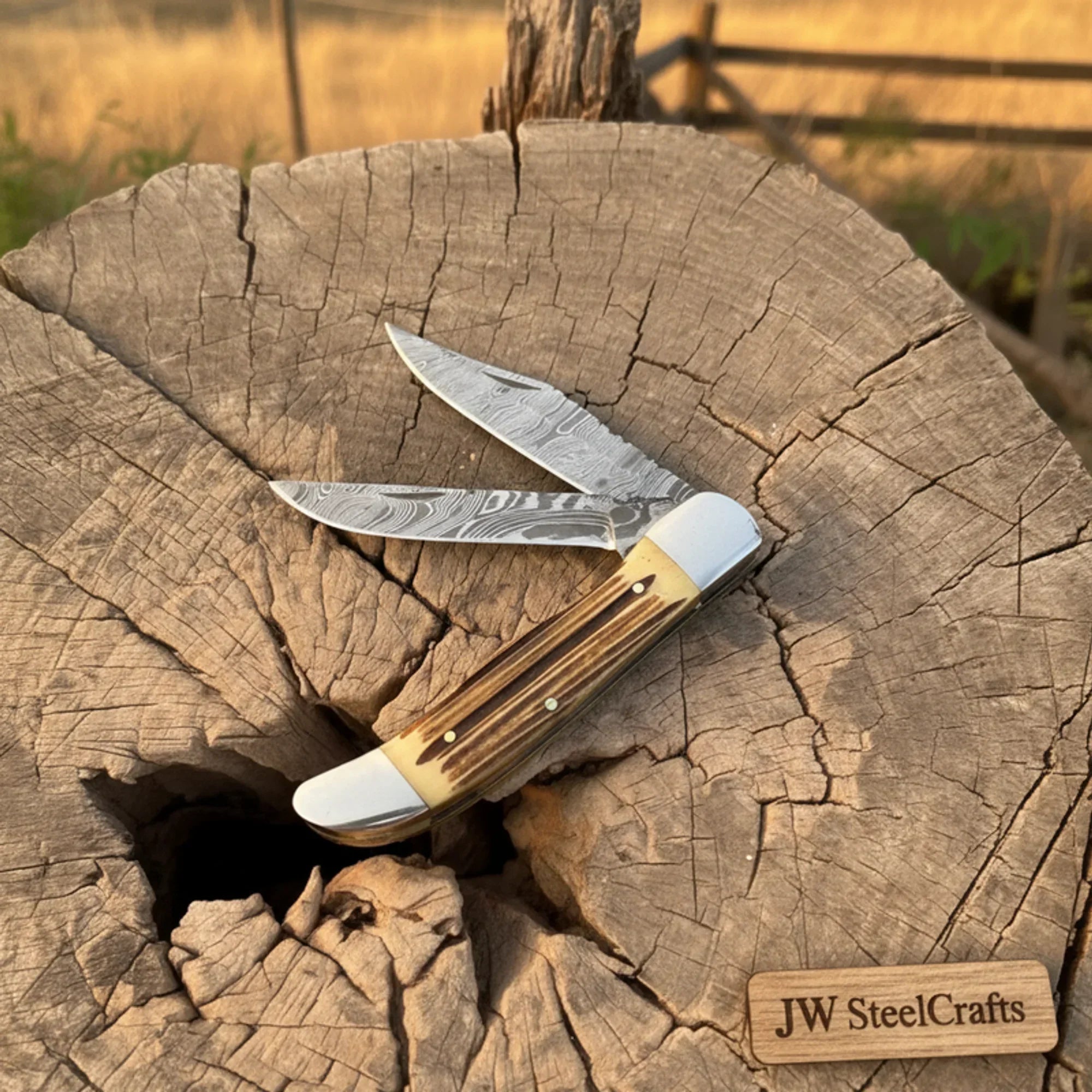 Handmade Damascus Steel Trapper Knife 4" with Dual Blades &amp; Synthetic Handle