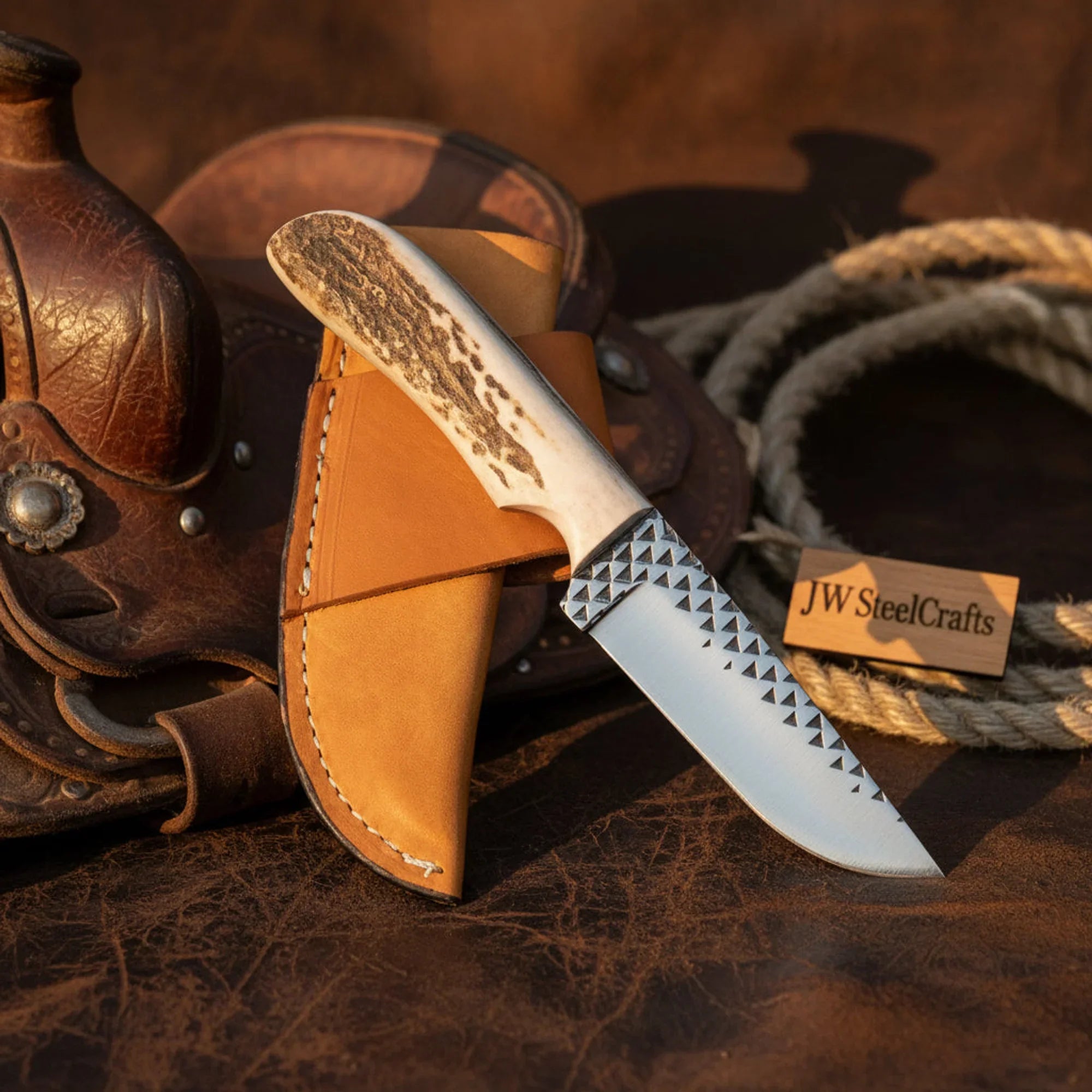 Handmade Custom Rasp Steel Fixed Blade Hunting Knife 7" with Synthetic Stag Handle &amp; Leather Sheath