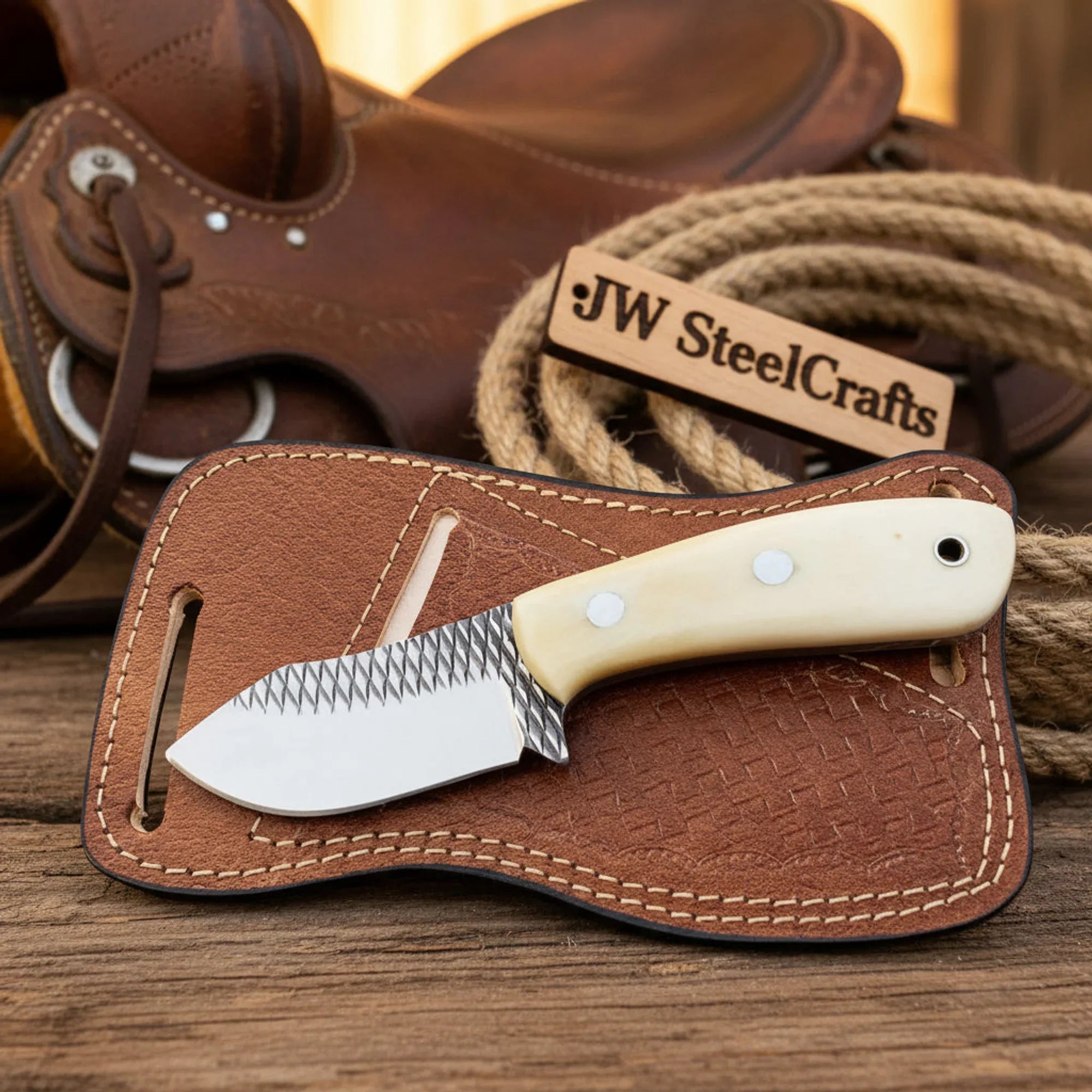 Bone-Handle Short Skinner Knife with Rasp Steel Blade for Everyday Carry