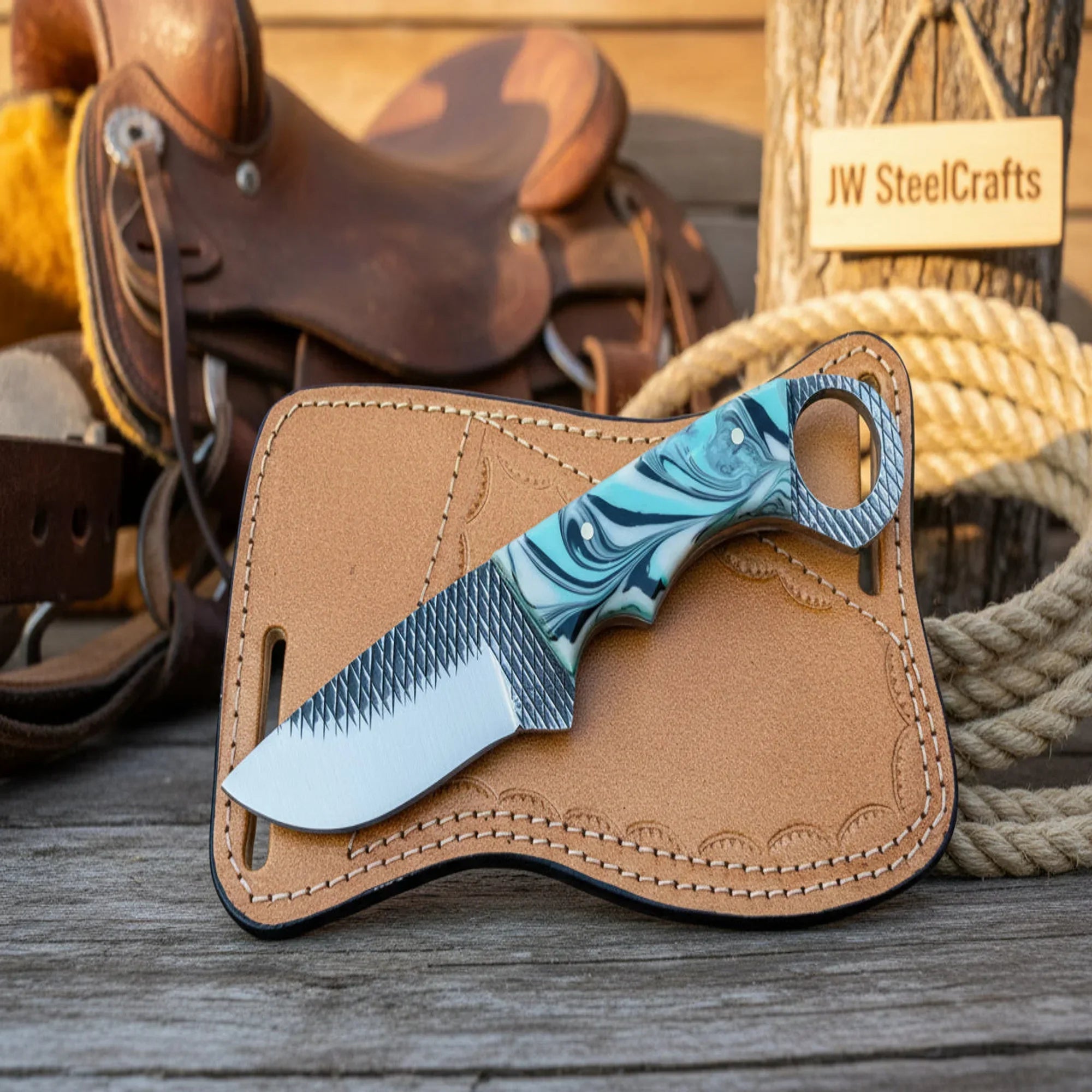 Ring-Handle Rasp Skinner Knife with Turquoise Resin Handle