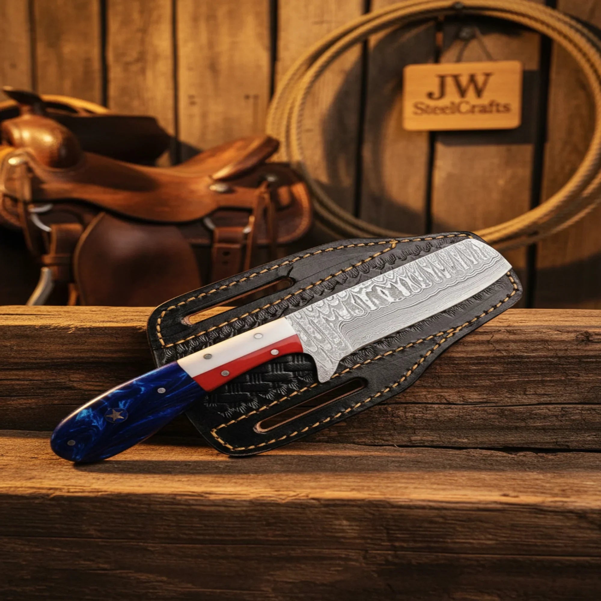 Hand-Forged Pocket Cleaver Blade – Patriotic Damascus Cleaver Knife with Red, White &amp; Blue Handle