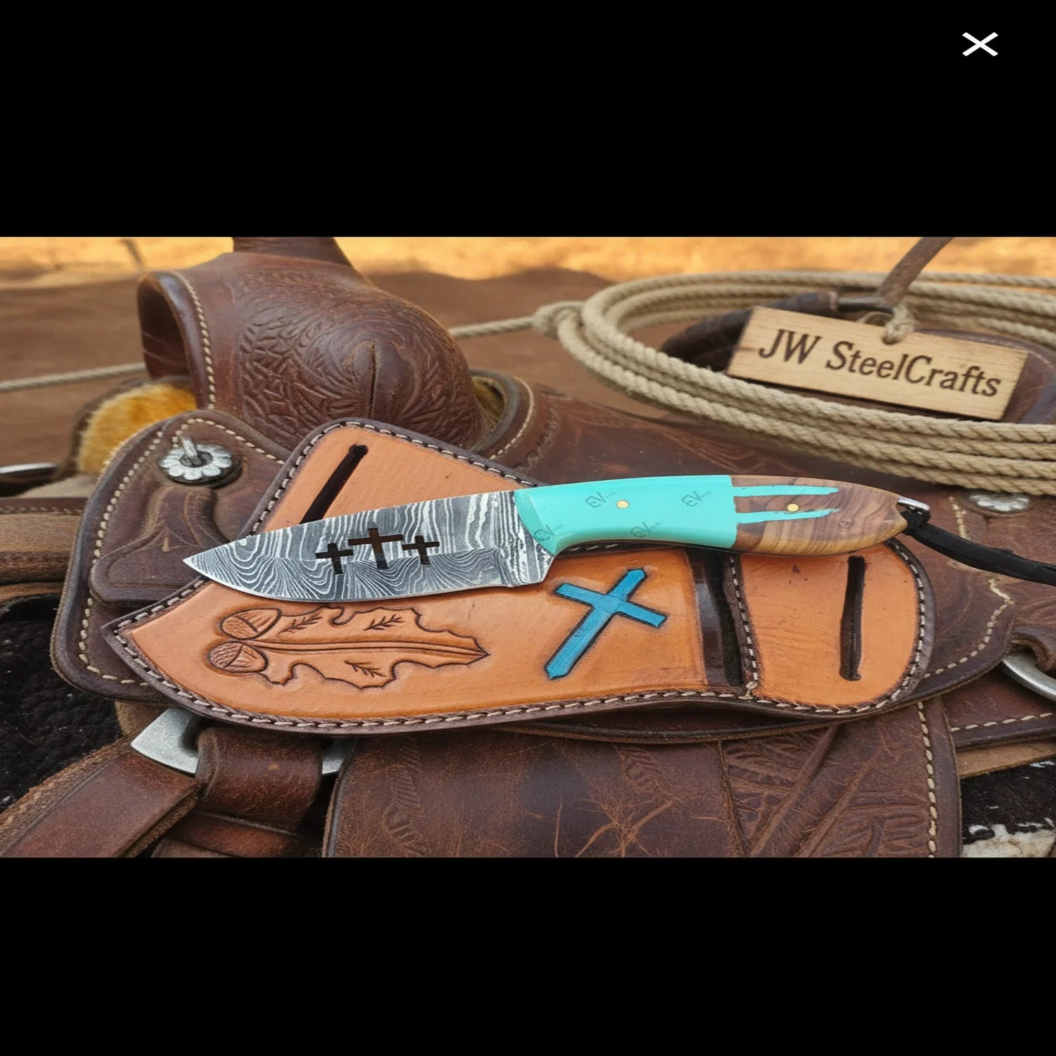 Damascus Skinner Knife 7" Cross Engraved Olive Wood Resin Handle Full Tang