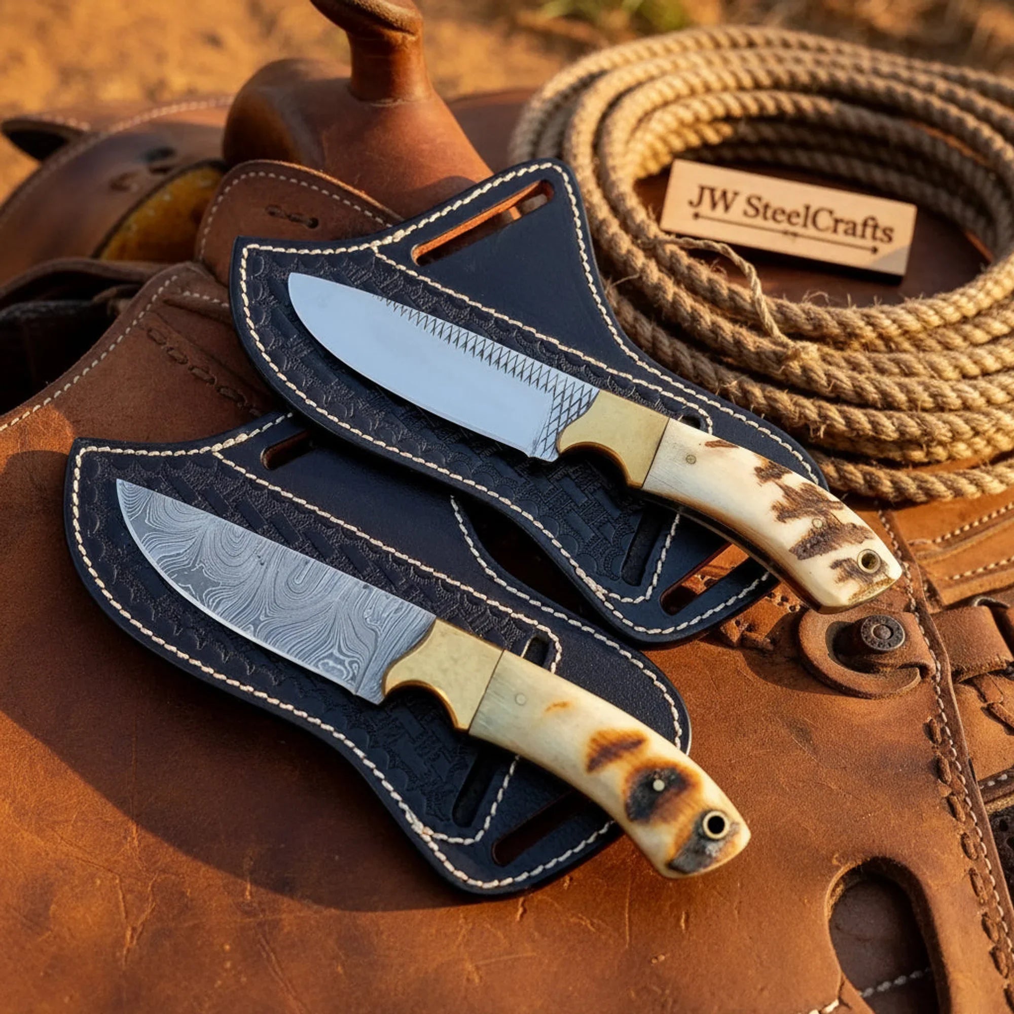 Saddleback Damascus Skinner Pair Knife 9" Handmade Matching Knives with Ram Horn Handles