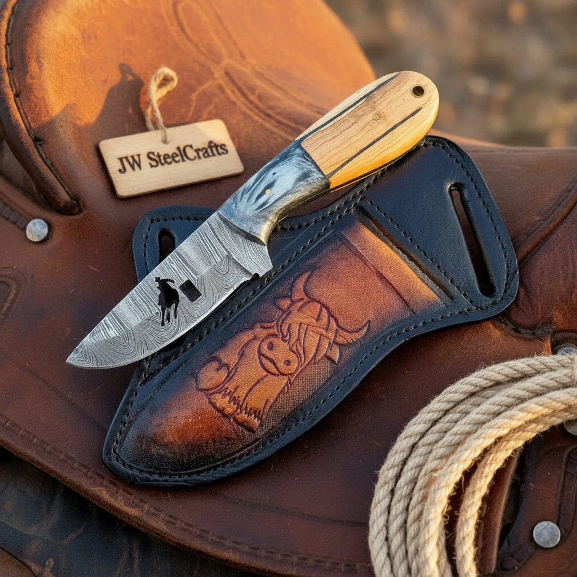 Handmade Damascus Knife, Cowboy Engraved Blade, Pakka Olive Wood Handle, 7" Fixed