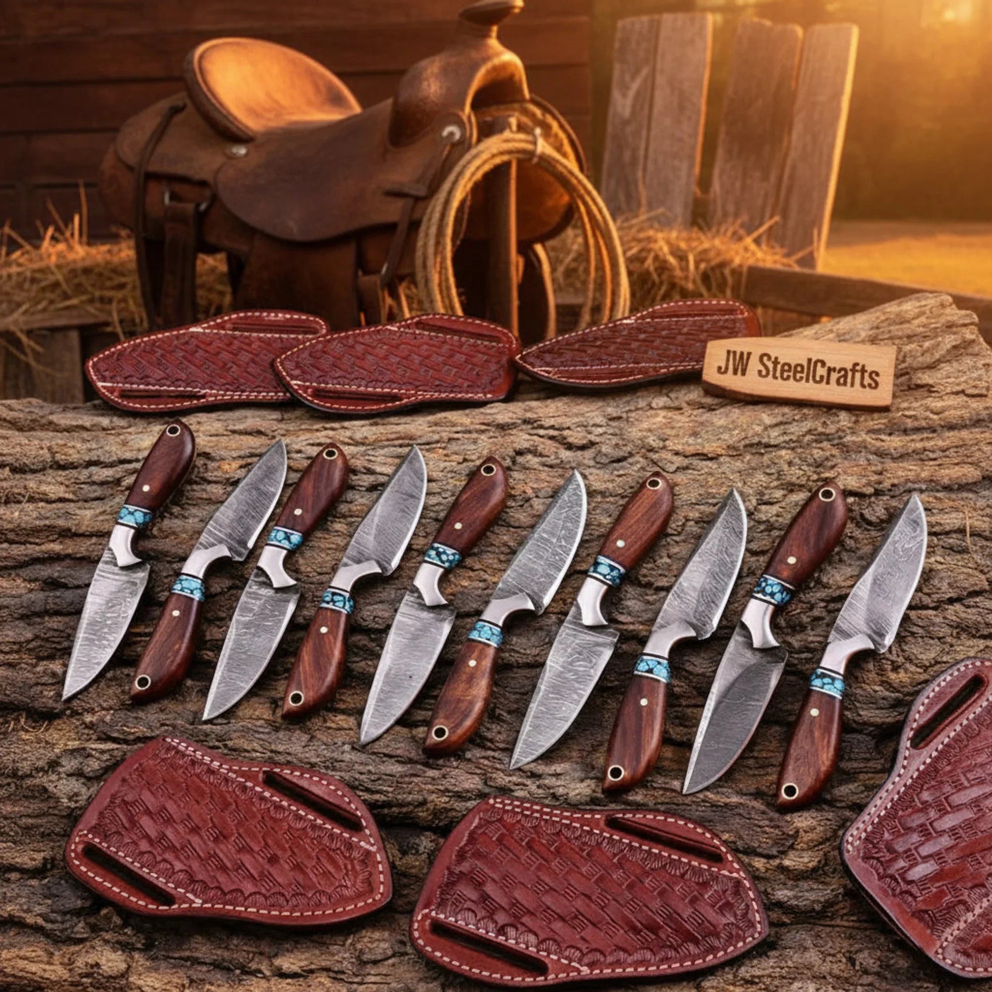 Maple Ridge Skinner Knife Set of 10, Rosewood &amp; Turquoise Handle