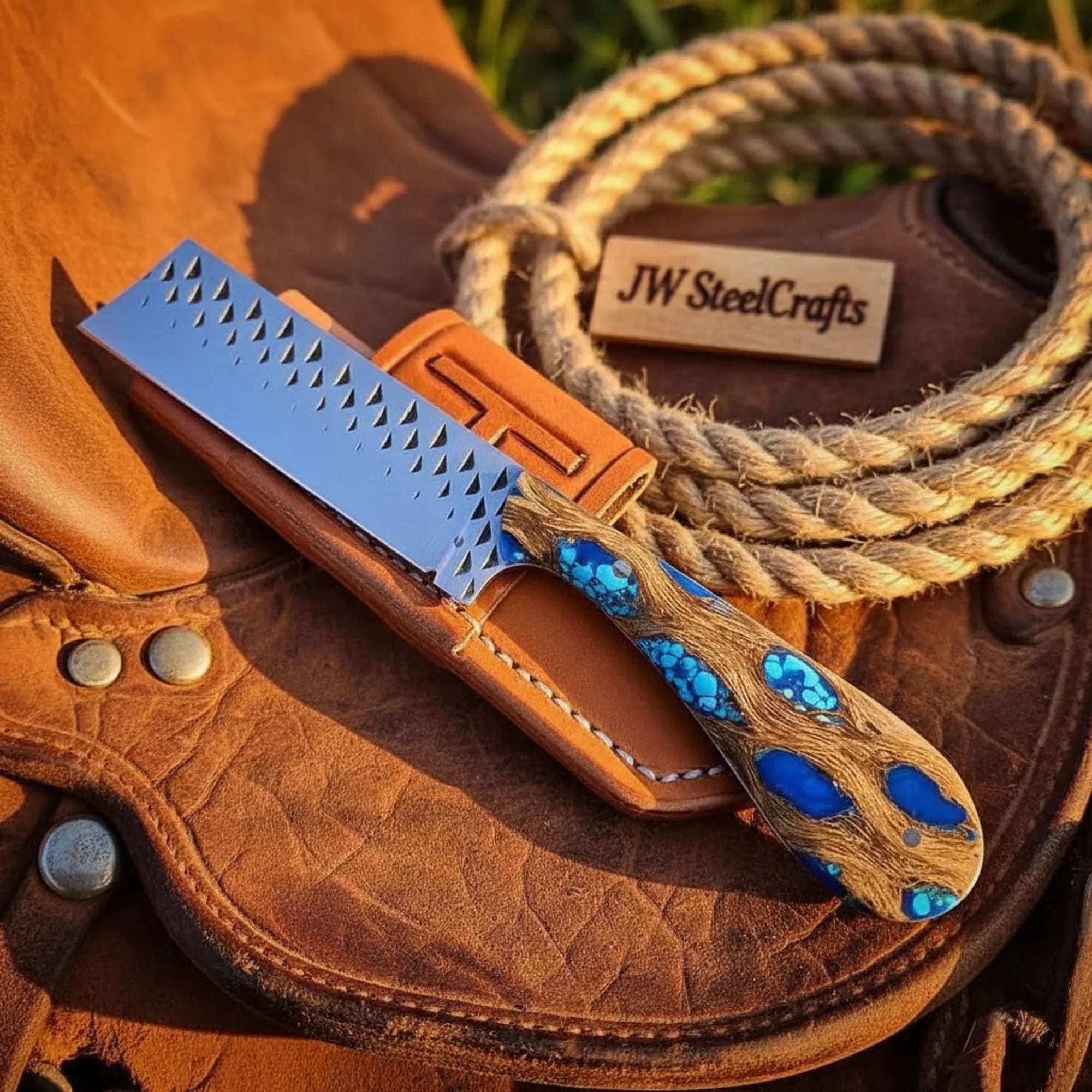 Farrier Rasp Straight Cowboy Cleaver Knife Wood &amp; Turquoise Resin Handle, 6-7 Inch