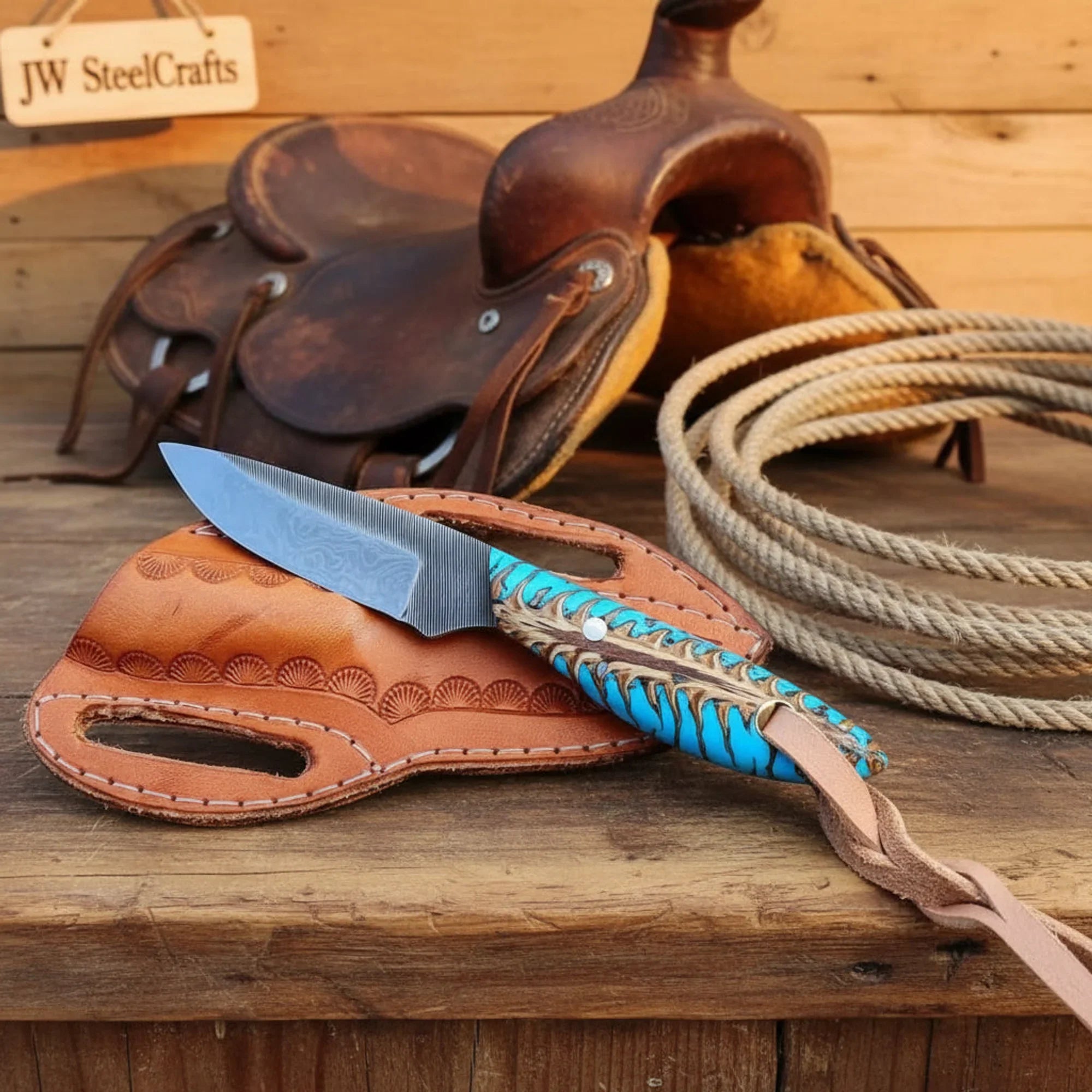 Turquoise Pine Cone Skinner Knife with Carbon Steel Blade for Hunting