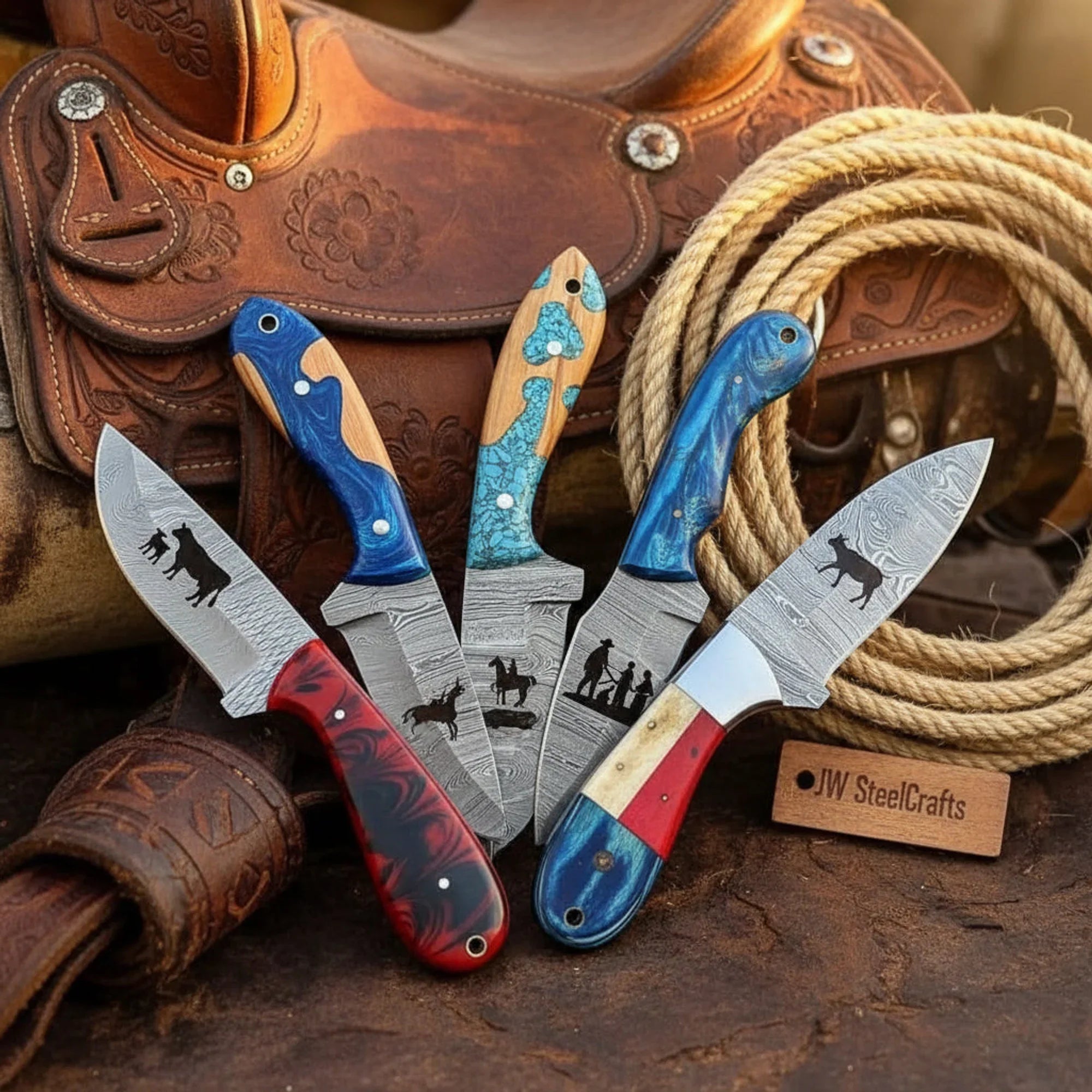 Handmade Damascus Steel Hunting &amp; Cowboy Skinner Knives Set of 5 with Resin &amp; Colored Wood Handles