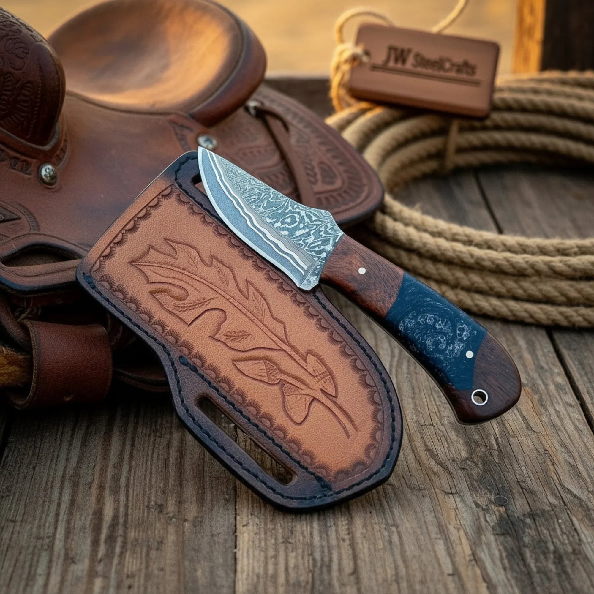 San Mai Damascus Skinner Knife with Wood Resin Handle