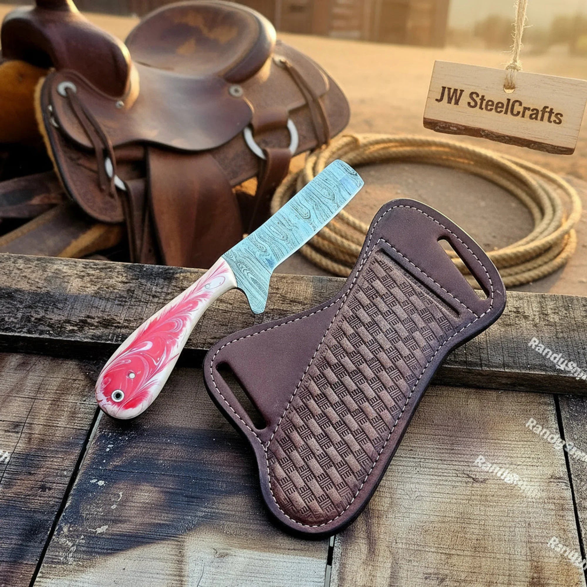 Damascus Pancake Holster Knife  7.5" Pakka Wood Handle Western Pancake Sheath