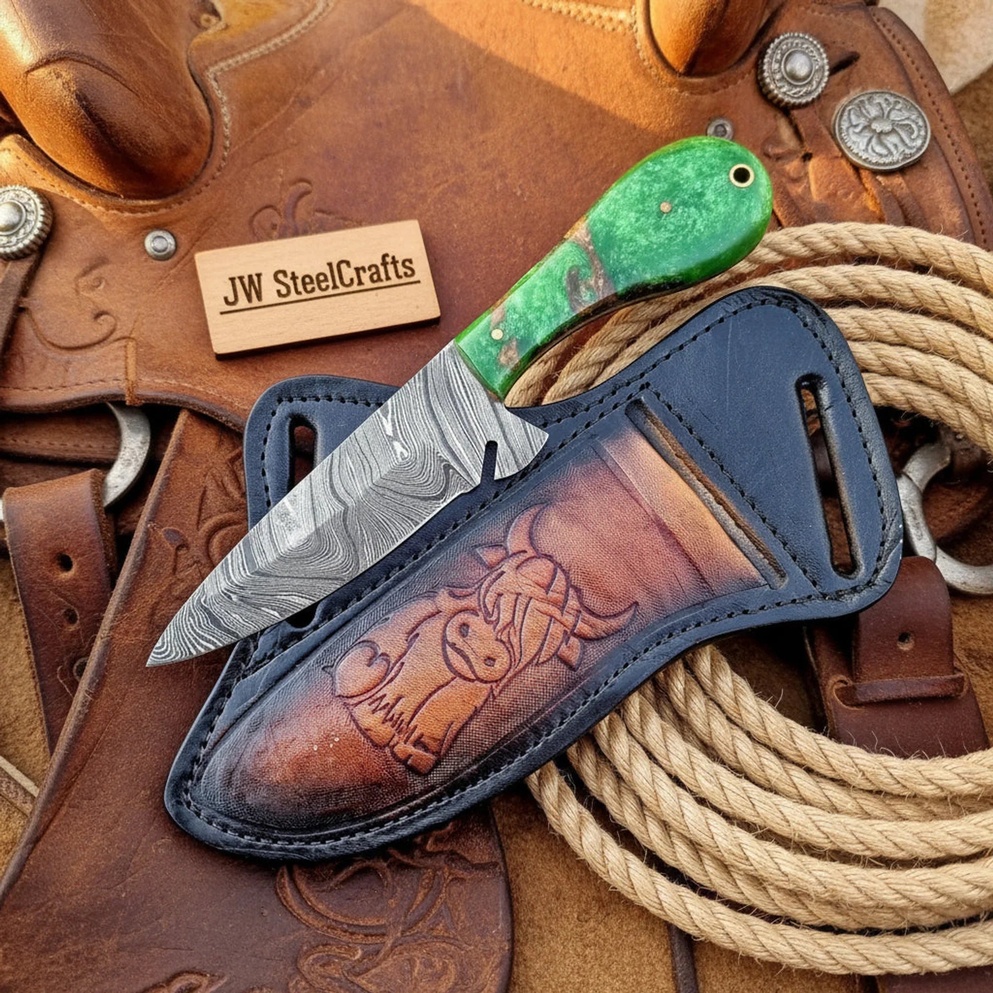 Handmade Damascus Steel Hunting Knife 8" with Green Resin Handle &amp; Buffalo Engraved Leather Sheath