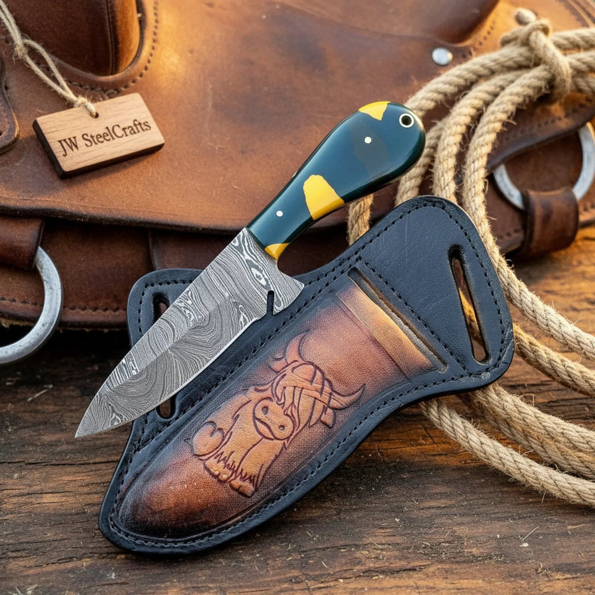 Damascus Basilisk Skinner Knife – Hand-Forged Drop Point Blade with Green &amp; Yellow Composite Handle