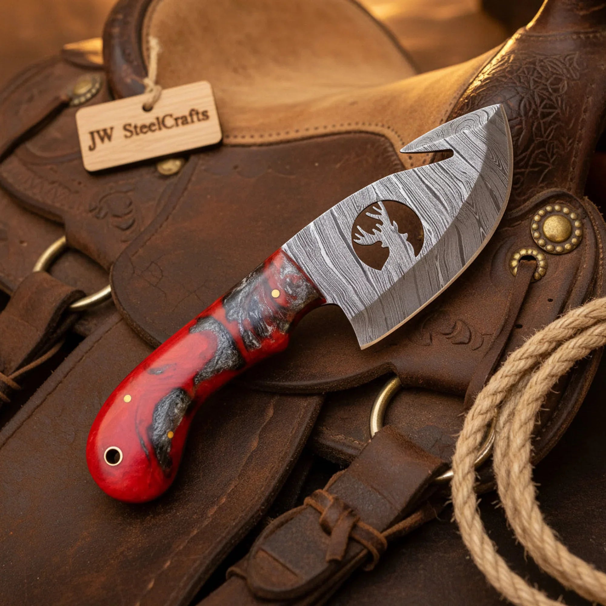 Deer Cutout Gut Hook Knife with Damascus Blade &amp; Resin Handle