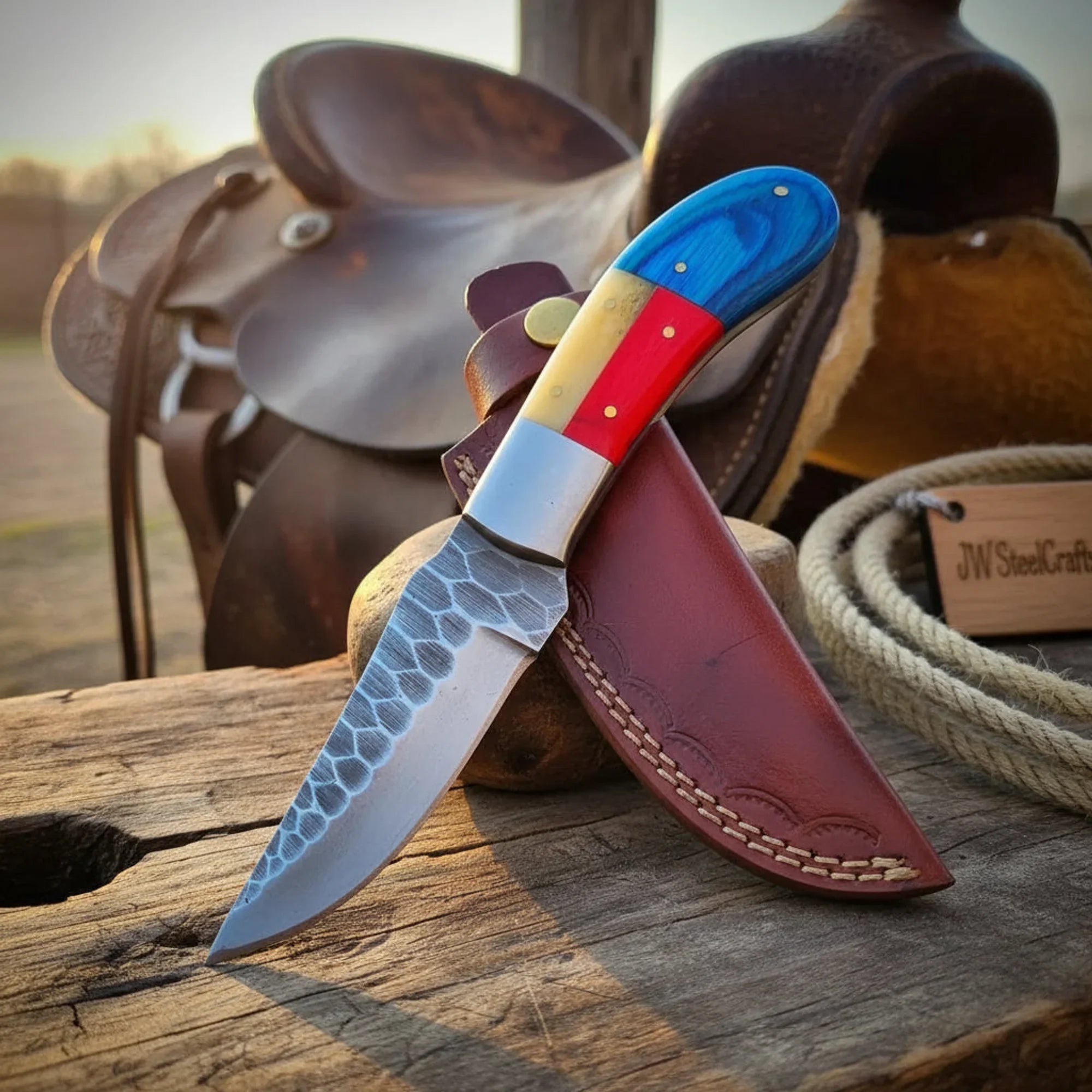 Texas Flag Hunting Knife with Hammered Carbon Steel Blade