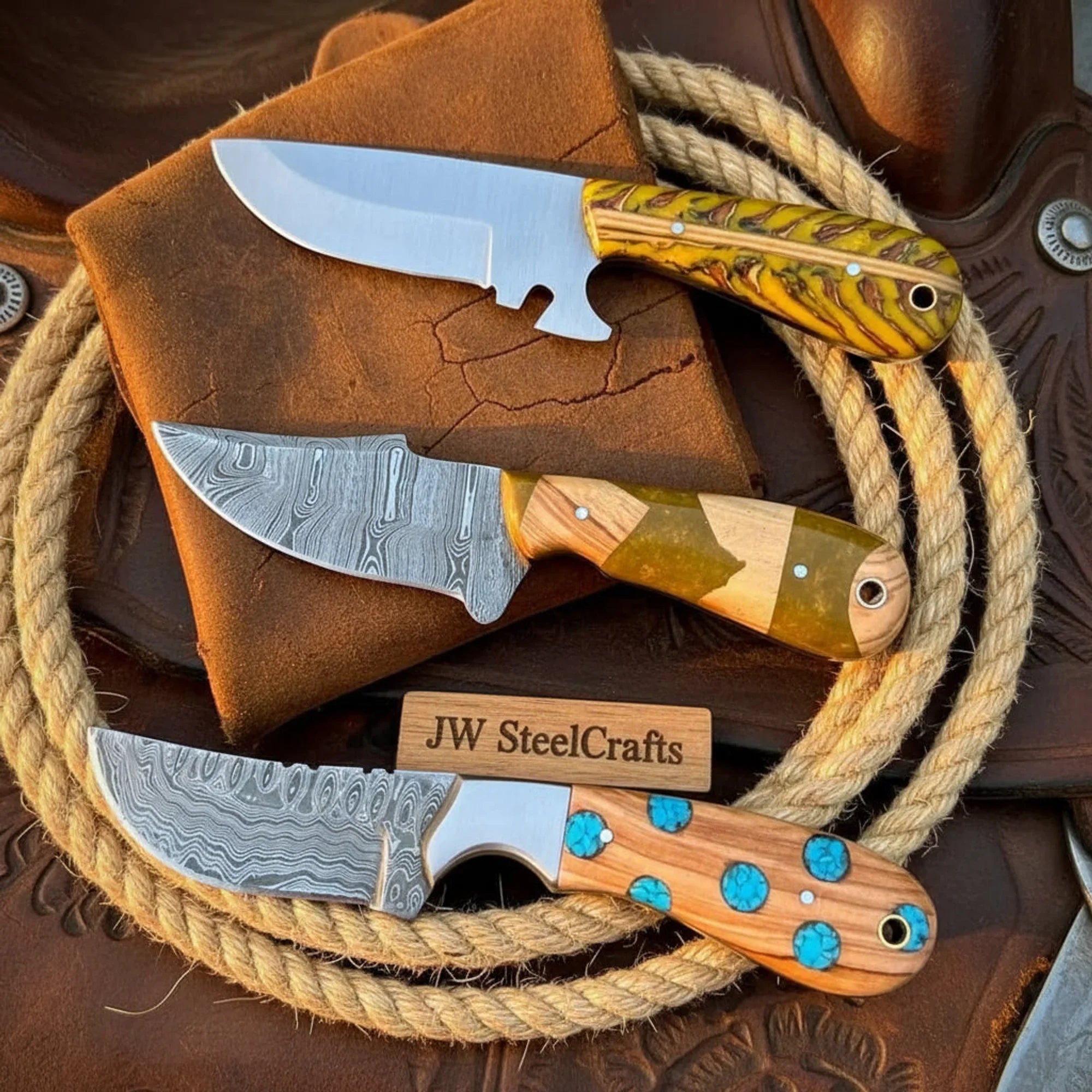 Custom Cowboy Trinity Knife Set with Wood Resin Handles