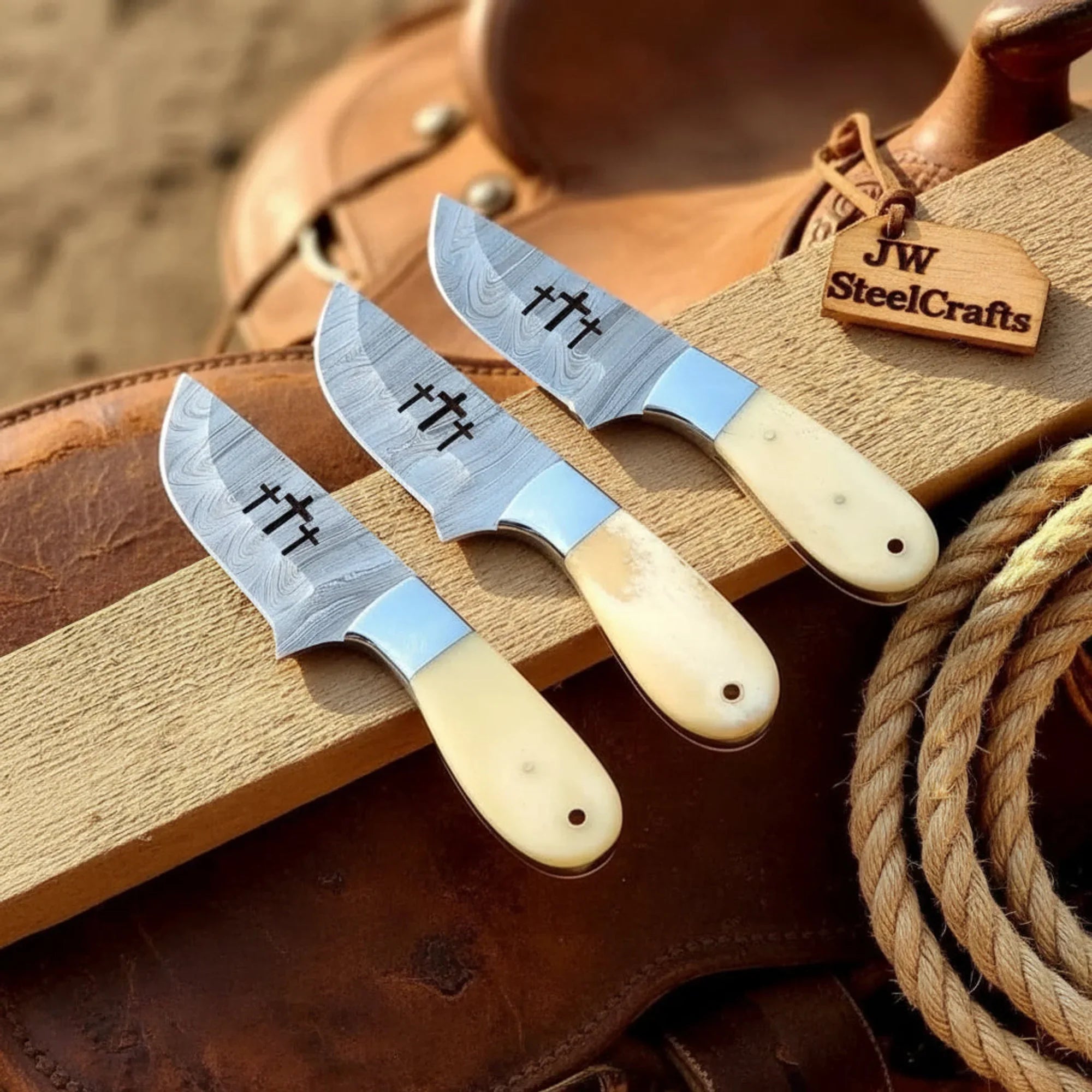 Triple Cross Ivory Damascus Hunter Knife Set with Camel Bone Handles