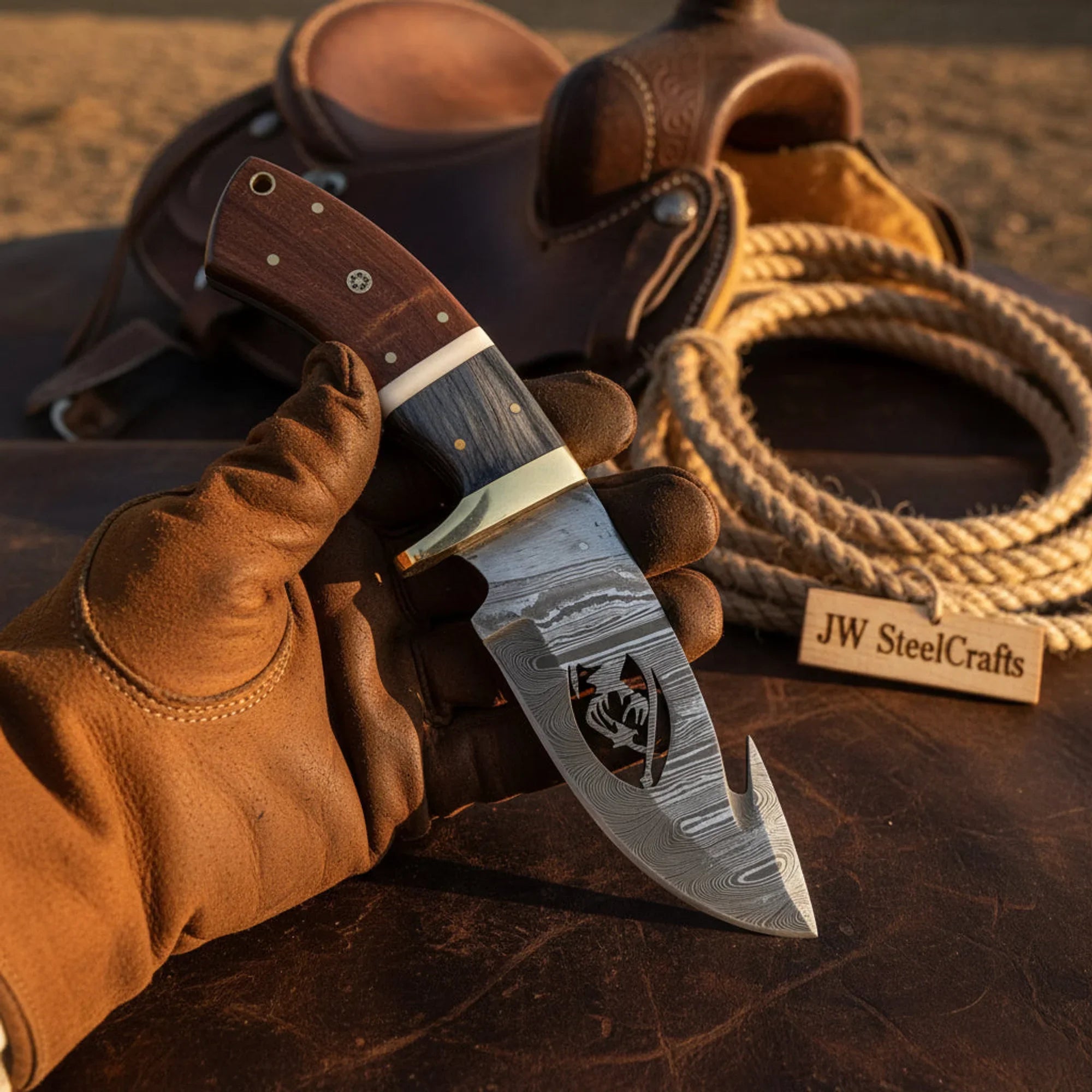 Handmade Damascus Steel Gut Hook Hunting Knife 8" with Rose Wood &amp; Pakka Wood Handle