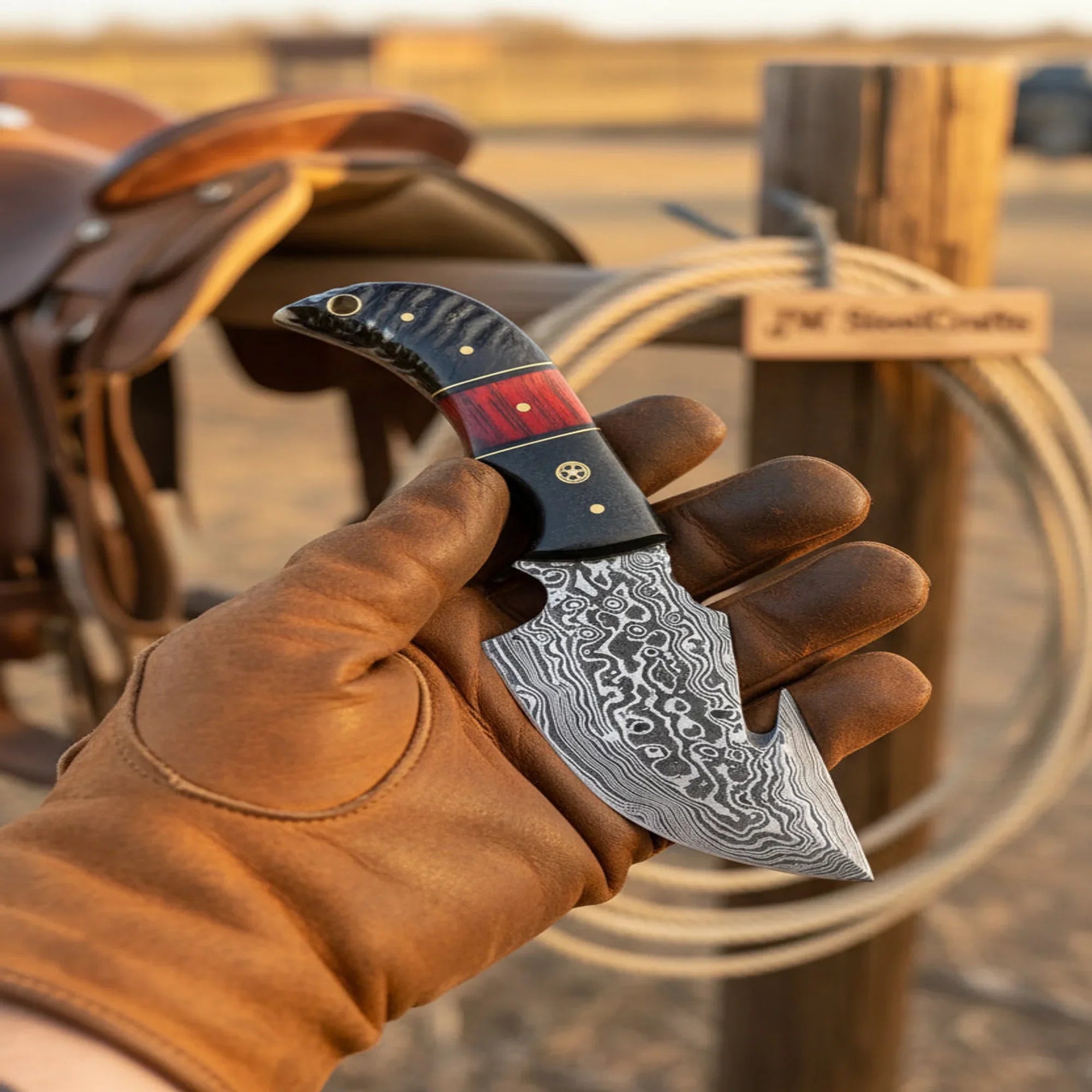 Damascus Steel Tracker Knife 7" Red &amp; Black Wood Handle